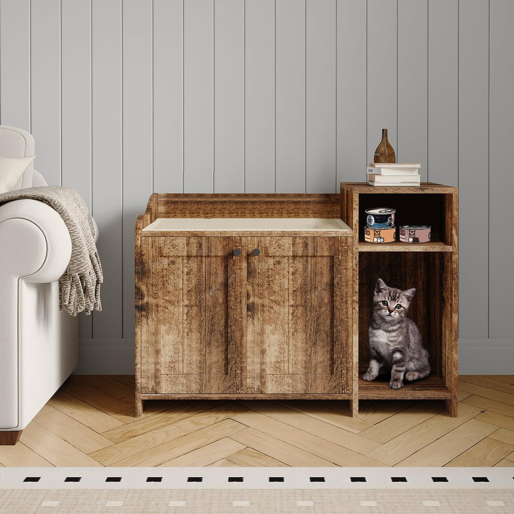 Garvee Cat Litter Box Enclosure Furniture Hidden Litter Box Cabinet Indoor Wooden Cat Washroom Side End Table with Storage Retro Color 33.9in L x 19.7in W x 24.2in H
