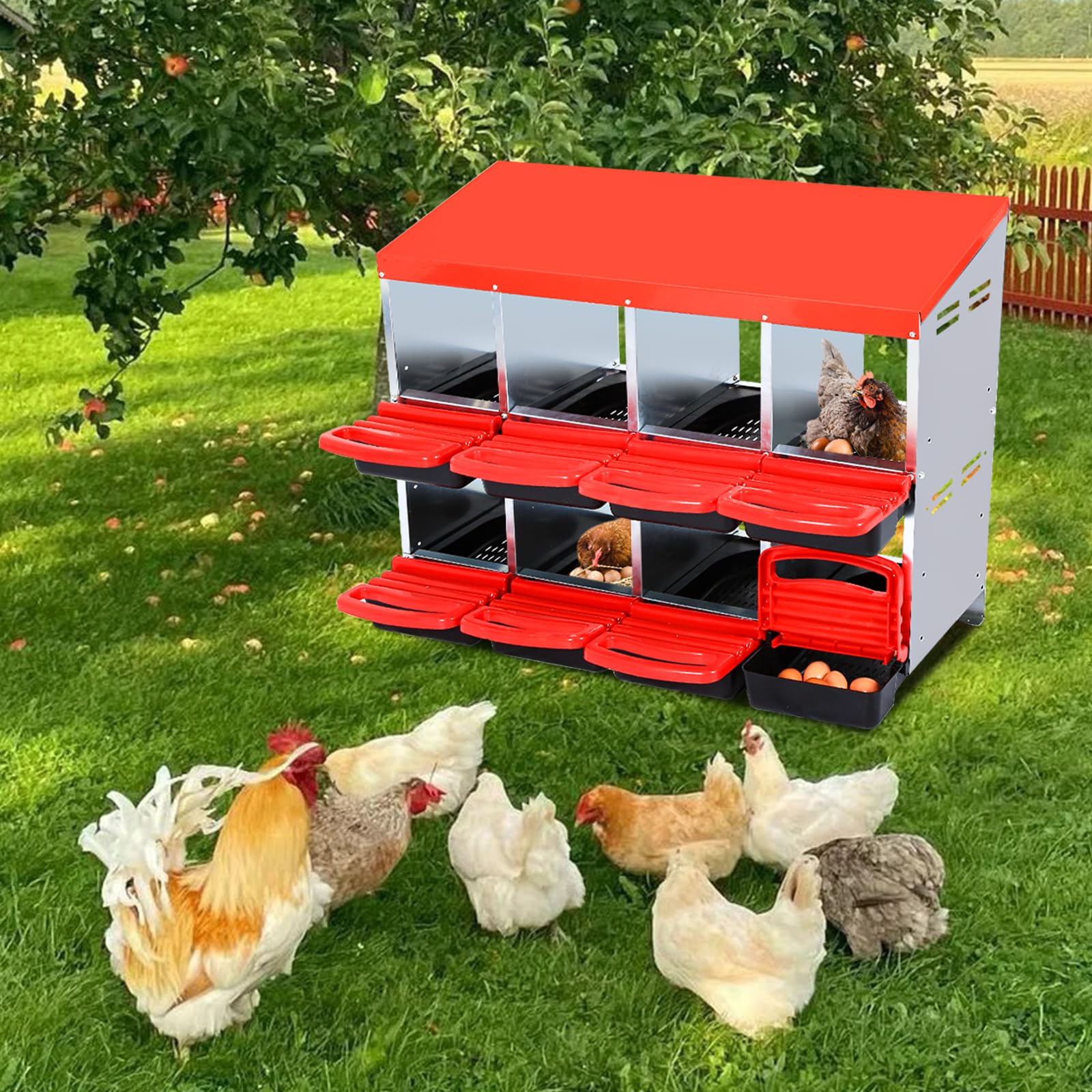Garvee Nesting Boxes for Chickens, 8 Compartment Roll Away Nesting Box with Egg Collection, Perch, Lid Cover for Egg Protection, Wall Mount/Free Standing Nest Box for Chickens