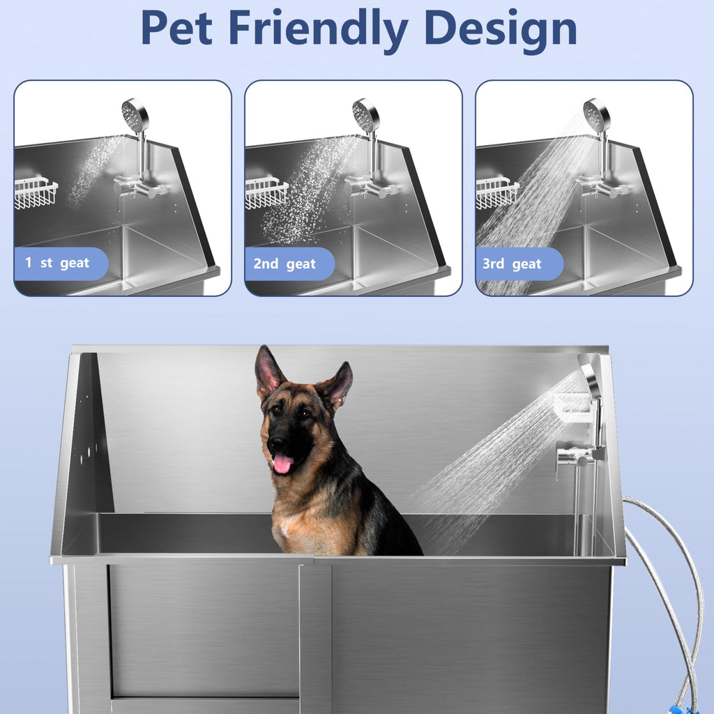 Garvee 62" Dog Grooming Bathtub, Professional Stainless Steel Pet Dog Bathing Station for Large Pets, Left Door & Stairs with Faucet, Sprayer, Drain