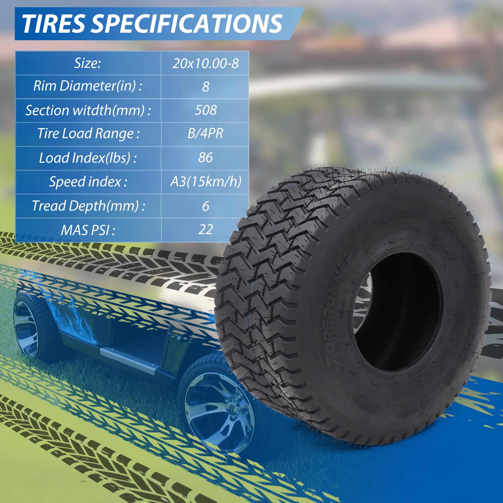 Garvee Lawn Mower Tires Turf Tires 20x8.00-8 4PR for Golf Cart Tires, Garden Tractor Riding Mower Tubeless Set of 2 - 20x10.00-8-4PR TL LG02