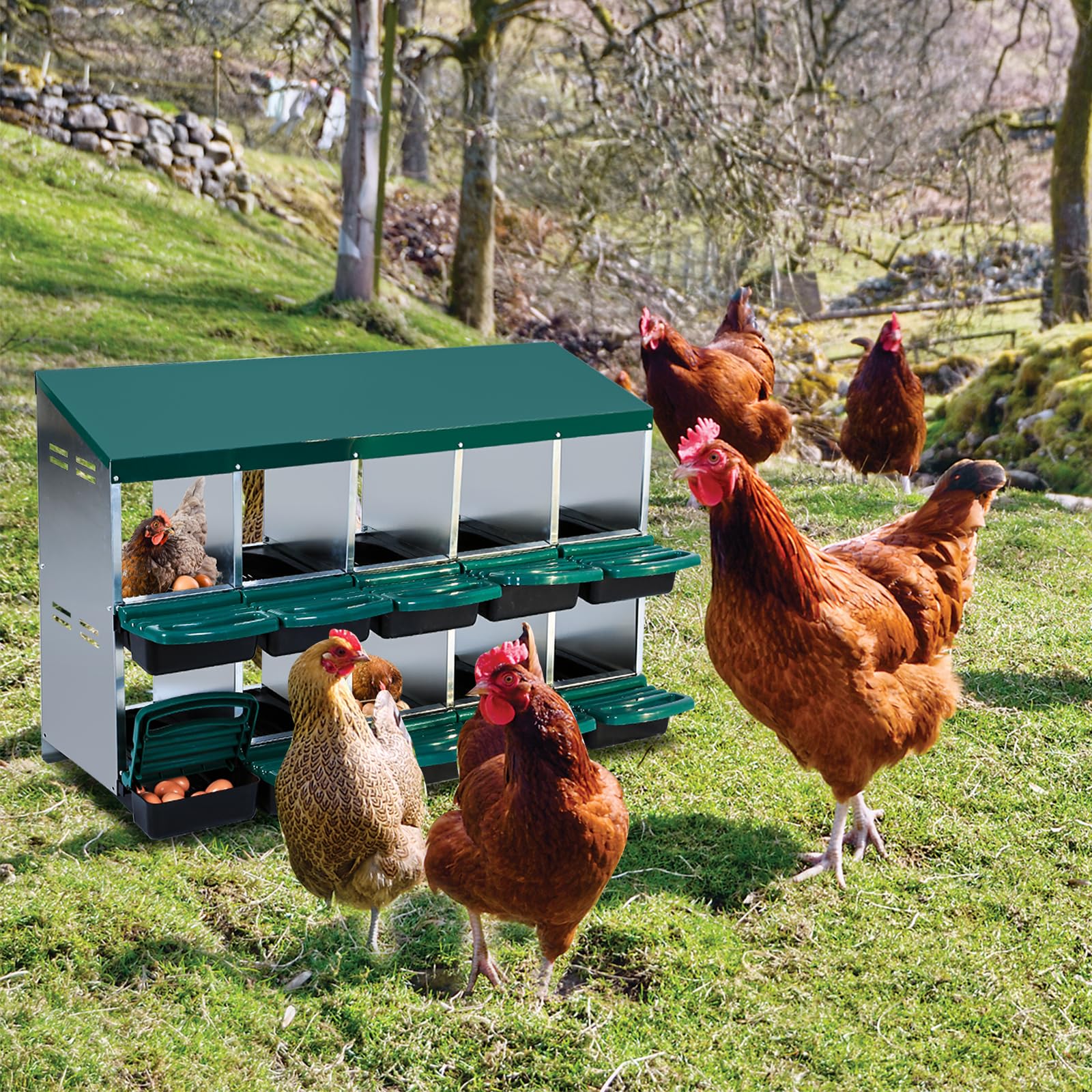 Garvee Nesting Boxes for Chickens, 10 Compartment Roll Away Nesting Box with Egg Collection, Perch, Lid Cover for Egg Protection, Wall Mount/Free Standing Nest Box for Chickens