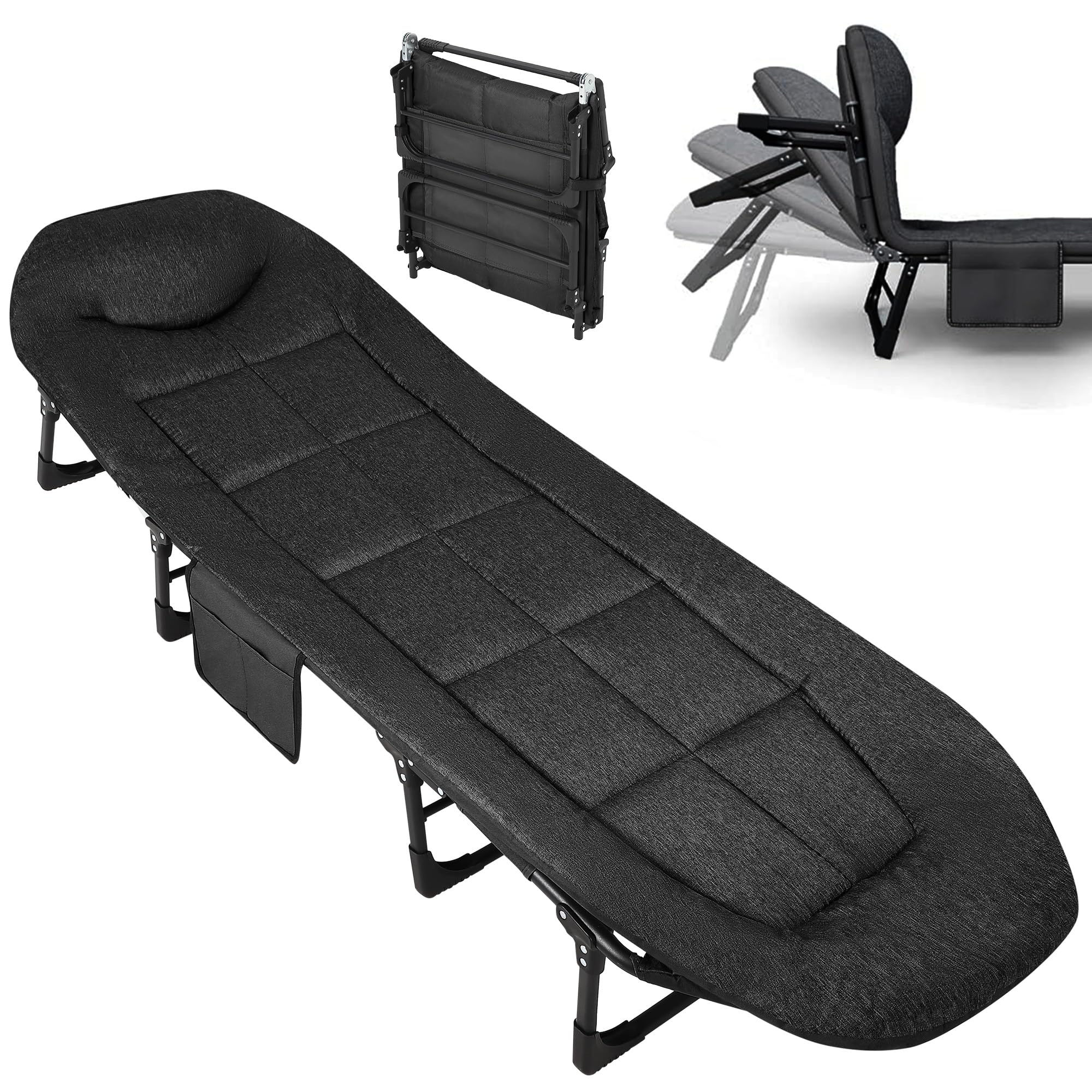Garvee 75" Portable Folding Bed With Cushion And Pillow, Camping Cot For Adults, 500 Lbs Capacity, Lightweight Black Tent Cot For Indoor Outdoor