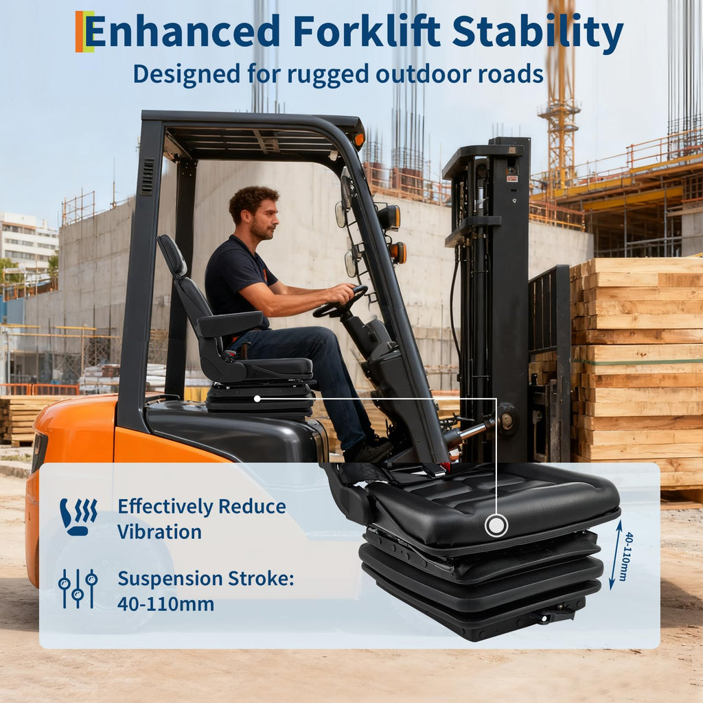 Garvee Adjustable Suspension Forklift Seat - Heavy-Duty Seat with Backrest, Headrest, Armrests, Slide Rails, and Enhanced Safety Features for Tractors, Forklifts, Excavators, and Skid Steers