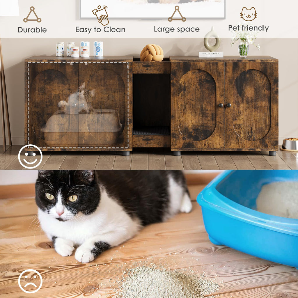 Garvee Cat Litter Box Enclosure, 55.1" Double Litter Box Furniture Large Cat Box Enclosure Kitty Litter Box for 2 Cats Hidden Cat Litter Cabinet Double Cage with Cat Litter Pad, Retro | Oval