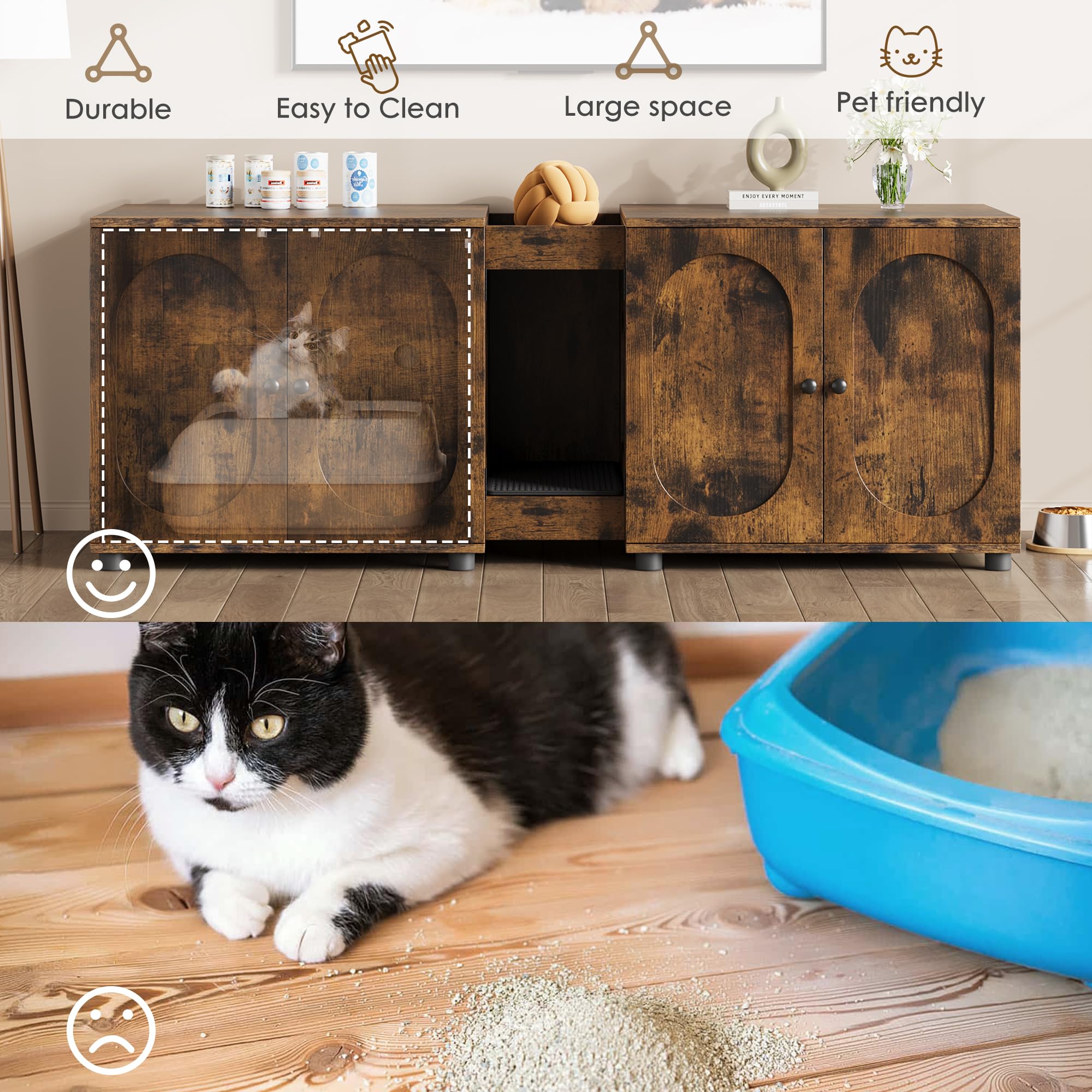 Garvee Cat Litter Box Enclosure, 55.1" Double Litter Box Furniture Large Cat Box Enclosure Kitty Litter Box for 2 Cats Hidden Cat Litter Cabinet Double Cage with Cat Litter Pad, Retro | Oval