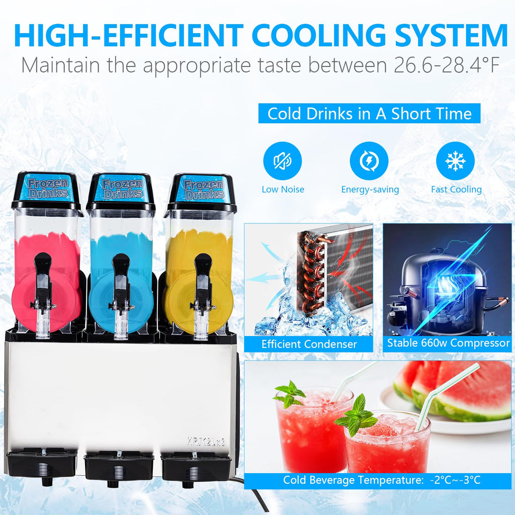 Garvee Commercial Slushy Machine 36L (12L x3) 660W – Stainless Steel & Food-Grade PC Tanks for Restaurants, Bars, Events
