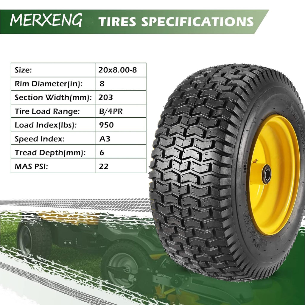 Garvee 20x8.00-8 Tubeless Lawn Mower Tires with Rim (Fit Most Ariens, Husqvarna), 3.48" Offset Hub, 0.757" Bushing with 0.197" Keyway, 20x8-8 20x8x8 Turf Tire, 4 Ply, 965lbs Capacity, Set of 2