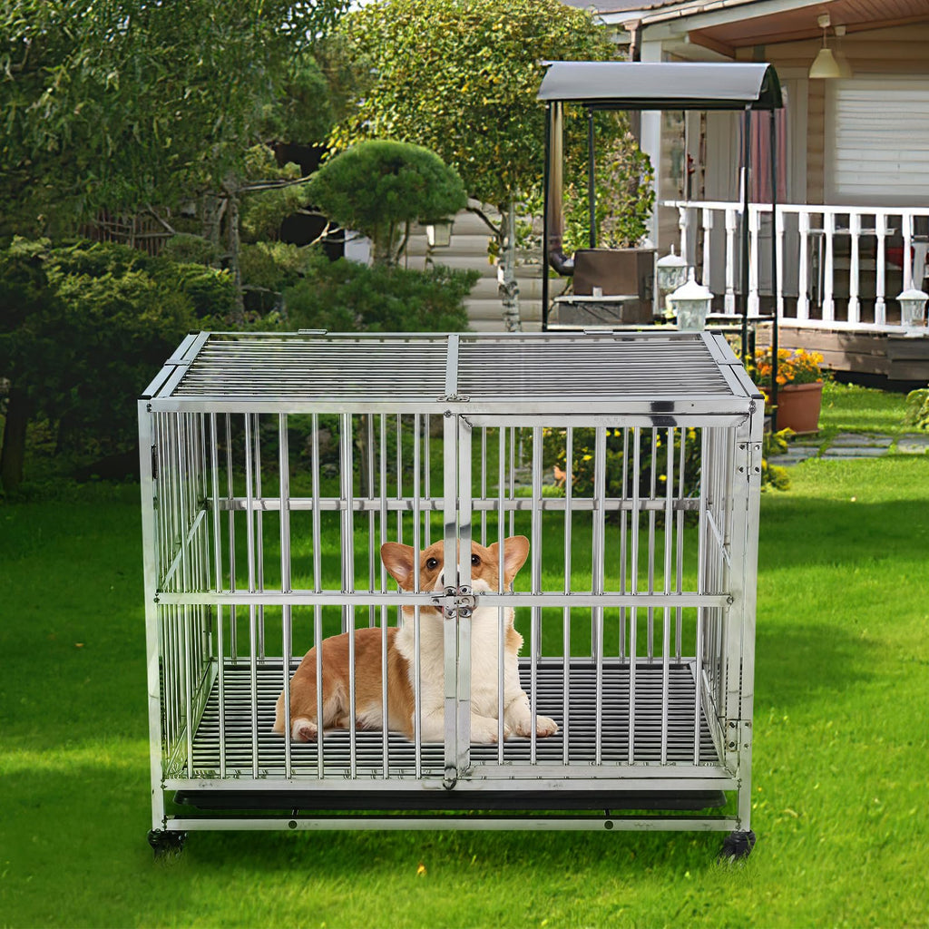 Garvee 38" Heavy Duty Indestructible Dog Crate Steel Escape Proof Dog Cage Kennel for Small Medium Large Dogs Indoor Double Door High Anxiety Dog Crate with Wheels, Lock& Removable Tray, Silver (38 Inch)