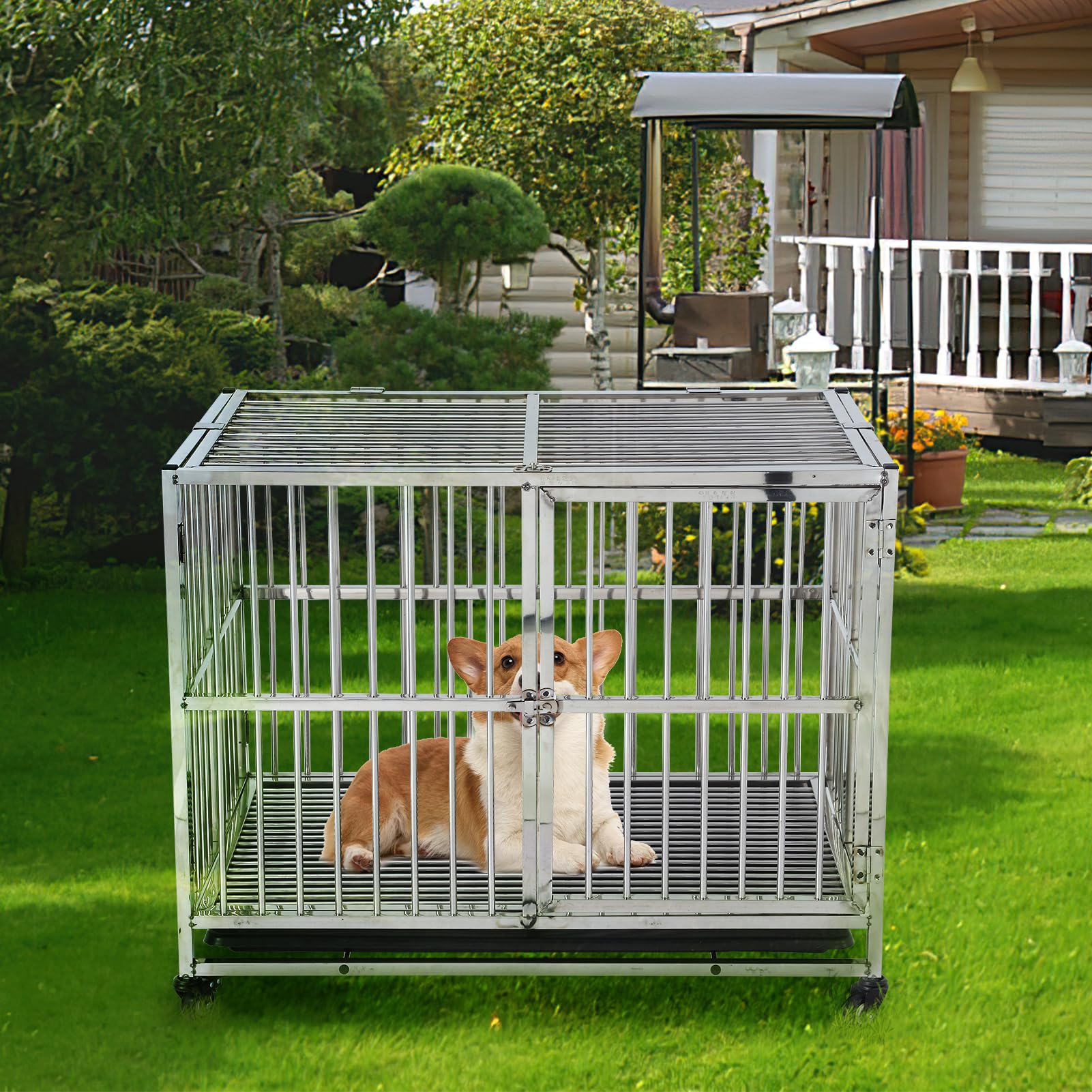 Garvee 38" Heavy Duty Indestructible Dog Crate Steel Escape Proof Dog Cage Kennel for Small Medium Large Dogs Indoor Double Door High Anxiety Dog Crate with Wheels, Lock& Removable Tray, Silver (38 Inch)