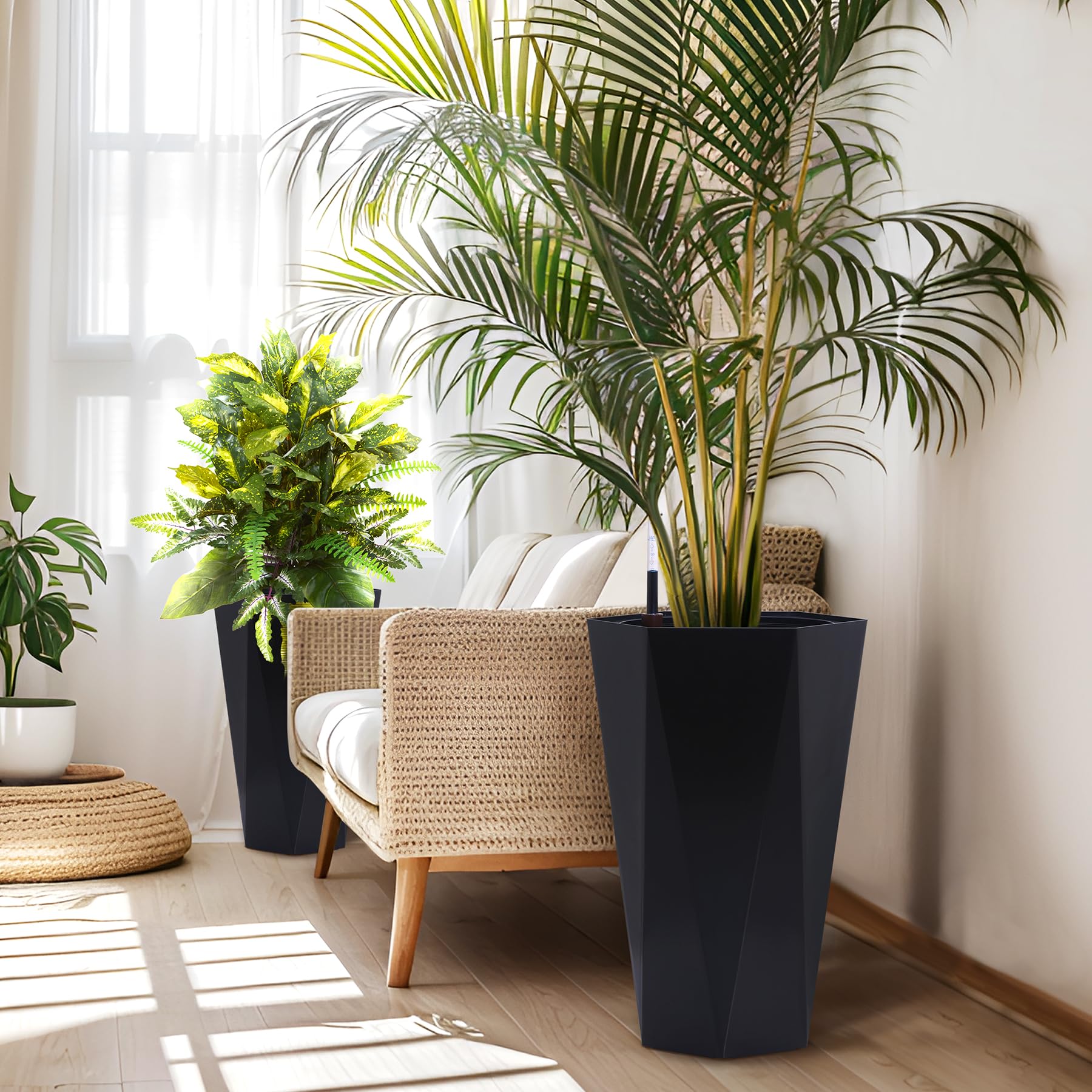 Garvee 23" Tall Planters Set of 2, Outdoor＆Indoor Planter Pots, High Front Porch Planter Pots with Drainage Holes＆Water Level Monitor＆Inner Bucket, Automatic Watering, Convenience Instill, Black