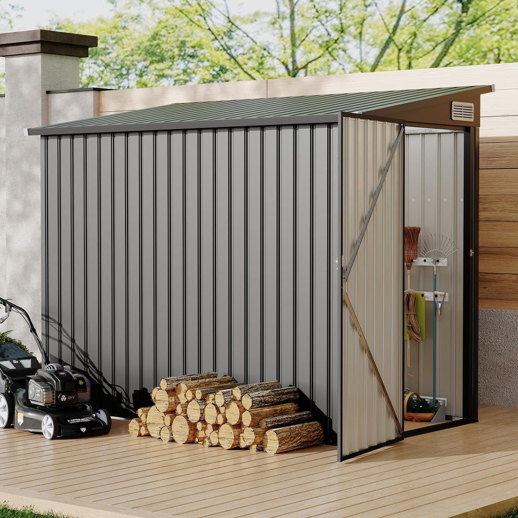 Garvee 4x8ft Metal Outdoor Lean-To Storage Shed, Heavy-Duty Garden Utility Tool Shed with Metal Wall Side, Weather-Resistant & Durable