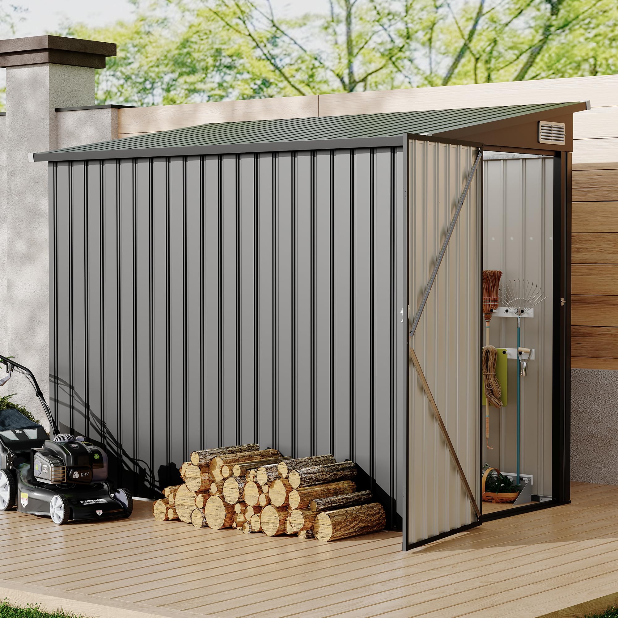Garvee 4x8ft Metal Outdoor Lean-To Storage Shed, Heavy-Duty Garden Utility Tool Shed with Metal Wall Side, Weather-Resistant & Durable