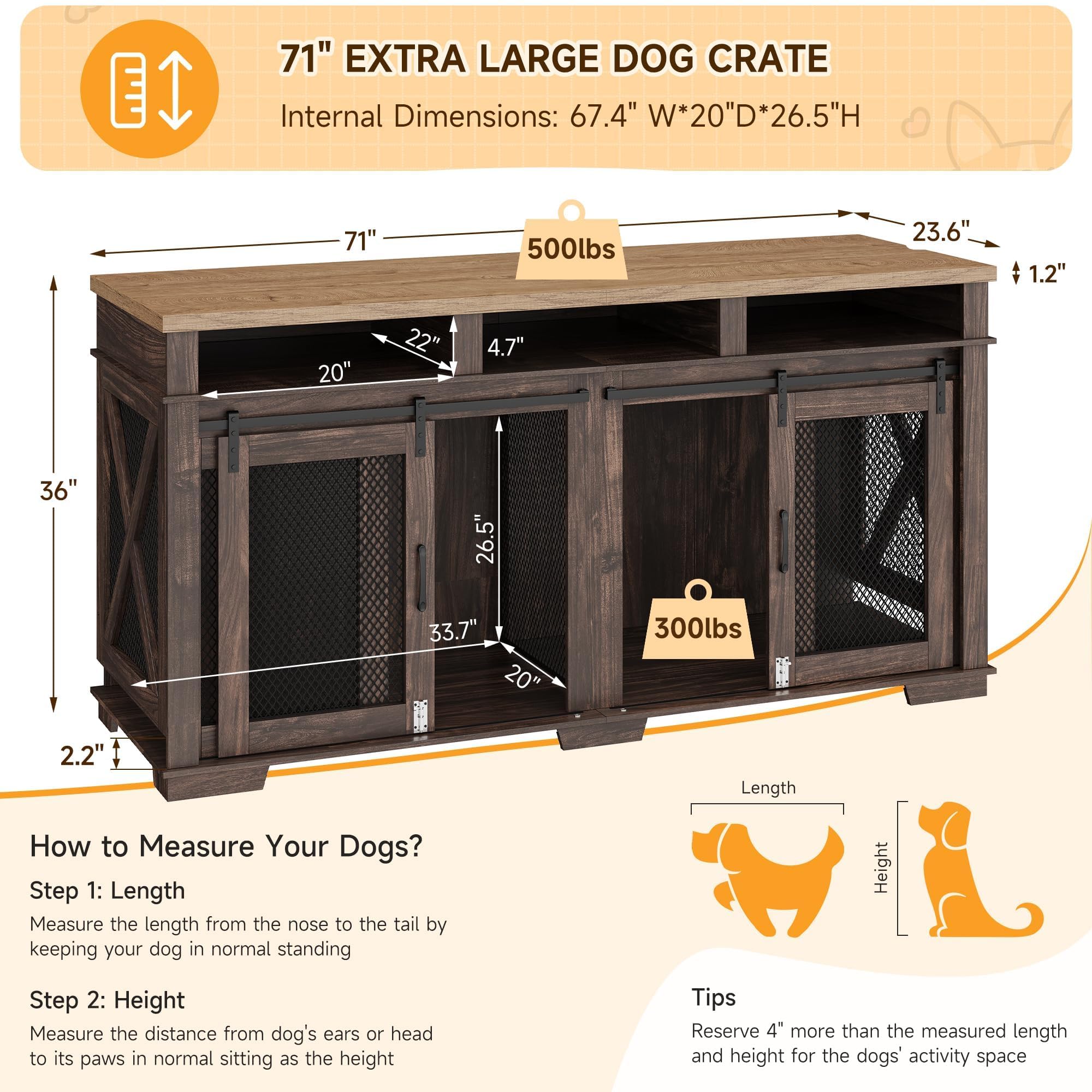 Garvee Dog Crate Furniture, 71" Heavy Duty Dog Kennel Furniture with 3 Storages and Removable Divider, Furniture Style Double Dog Crate Table Indoor TV Stand for Large Medium Dogs, Dark Walnut