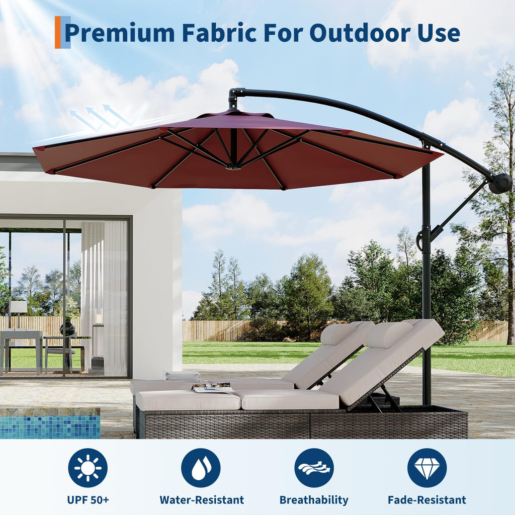 Garvee 10' Offset Patio Umbrella, Cantilever Umbrella with Easy Lift & Tilt Adjustment, 8 Ribs Sun Umbrella UV Protection, Wine Red