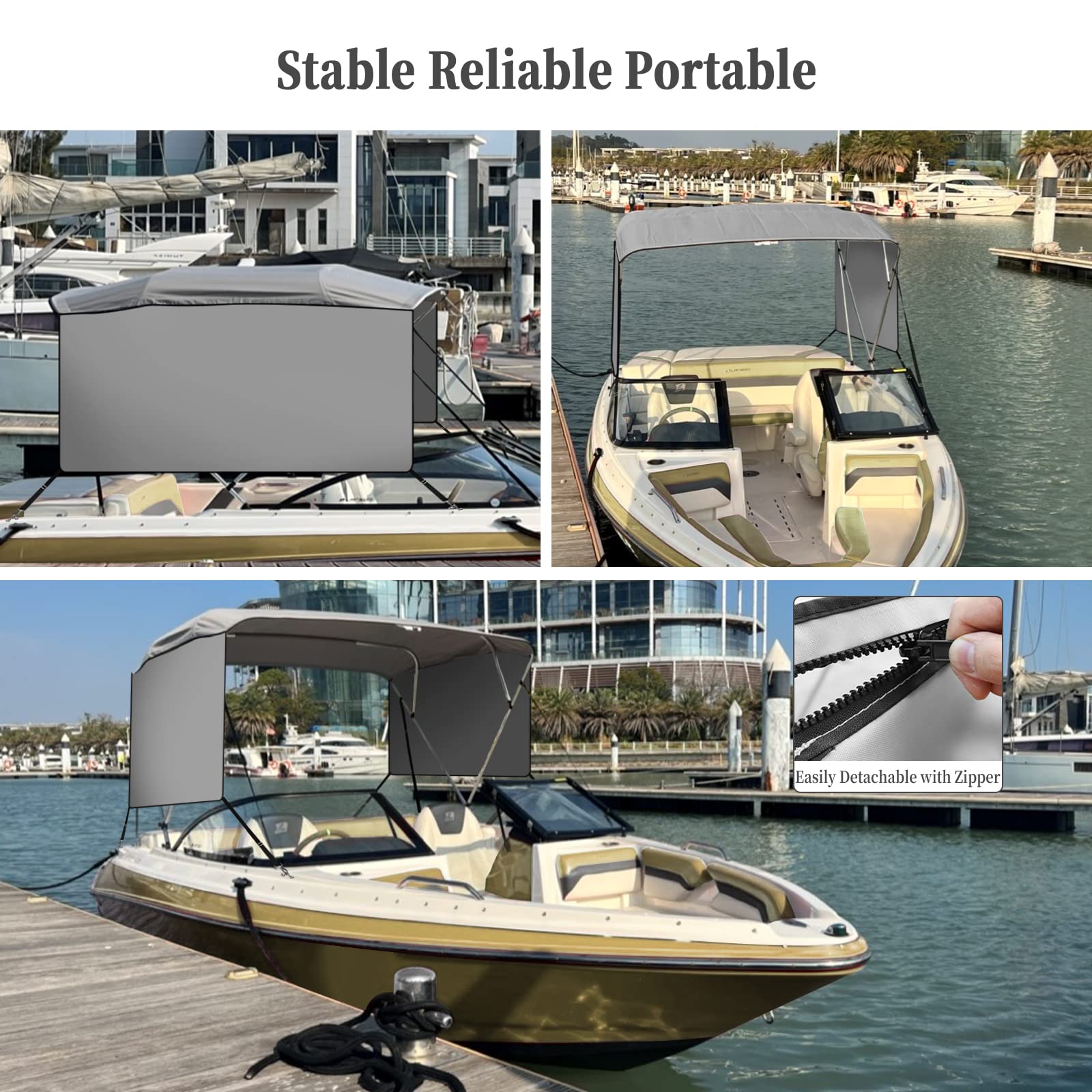 Garvee 4 Bow Bimini Top Boat Cover with 1 Inch Aluminum Alloy Frame, Include 2 Straps, 2 Adjustable Rear Support Pole, Zippered Storage Boot, PU Coating Canvas - 8ft L*54 inch H*79inch-84inch W