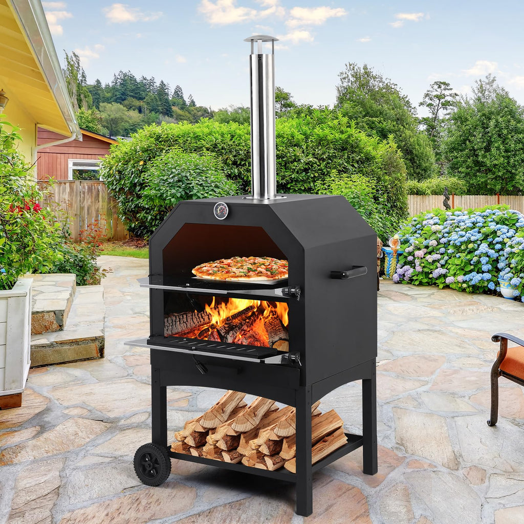 Garvee Outdoor Pizza Oven, Wood-Fired with Wheels, 12" Pizza Stone, Waterproof Cover, Pizza Peel & Accessories for Camping, Backyard BBQ, and Parties