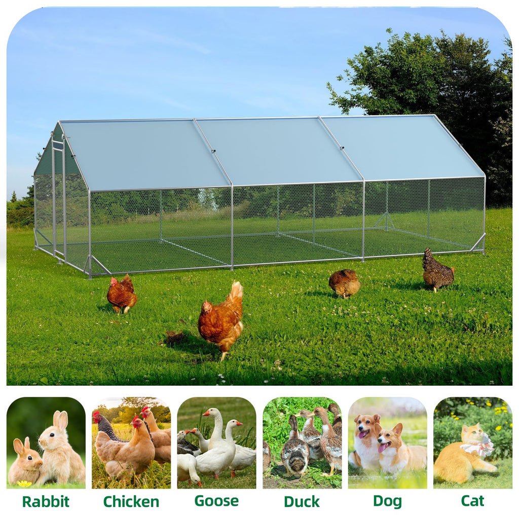 Garvee Chicken Run 9.8'x6.5'x6.4', Large Metal Chicken Coop Heavy Duty Hen House with Waterproof Anti-Uv Cover for Outdoor Chicken Pens with Reforced Tri-Supporting Steel Frame, Silver, Spire Roof