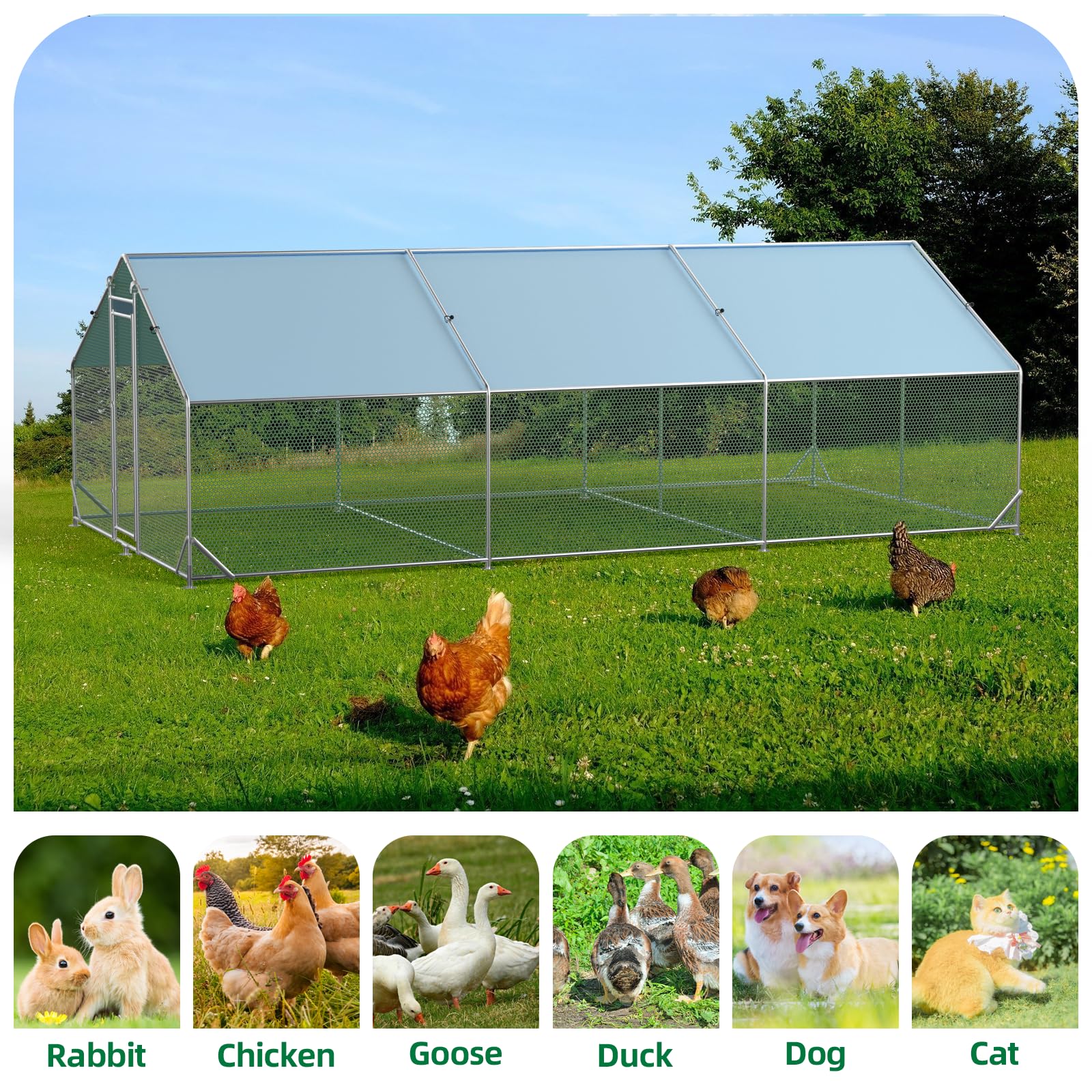 Garvee Chicken Run 9.8'x6.5'x6.4', Large Metal Chicken Coop Heavy Duty Hen House with Waterproof Anti-Uv Cover for Outdoor Chicken Pens with Reforced Tri-Supporting Steel Frame, Silver, Spire Roof