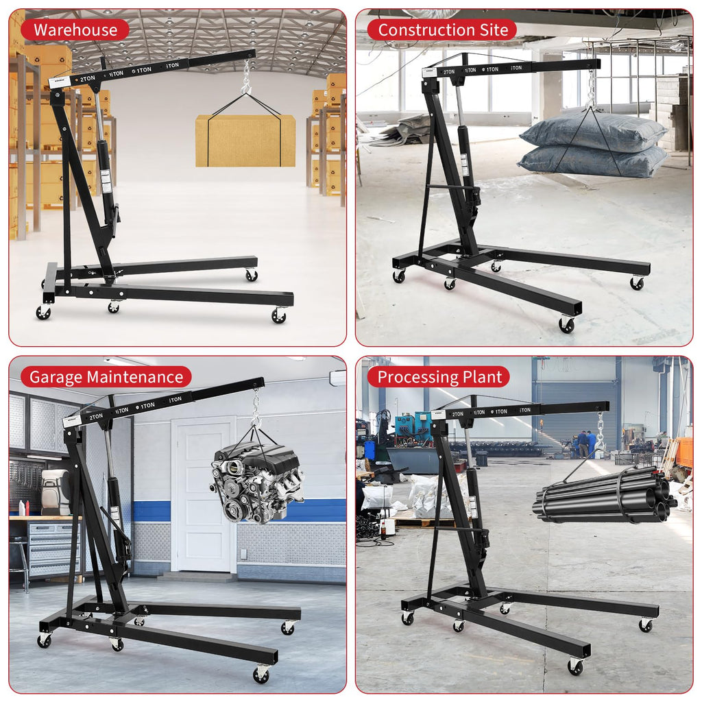 Garvee 2-Ton Folding Engine Hoist - 4400 lbs Capacity Cherry Picker Hydraulic Shop Crane with Telescoping Boom, 6 Caster Wheels, Hitch, and Storage Stand for Automotive Repair and Garage Use, Black