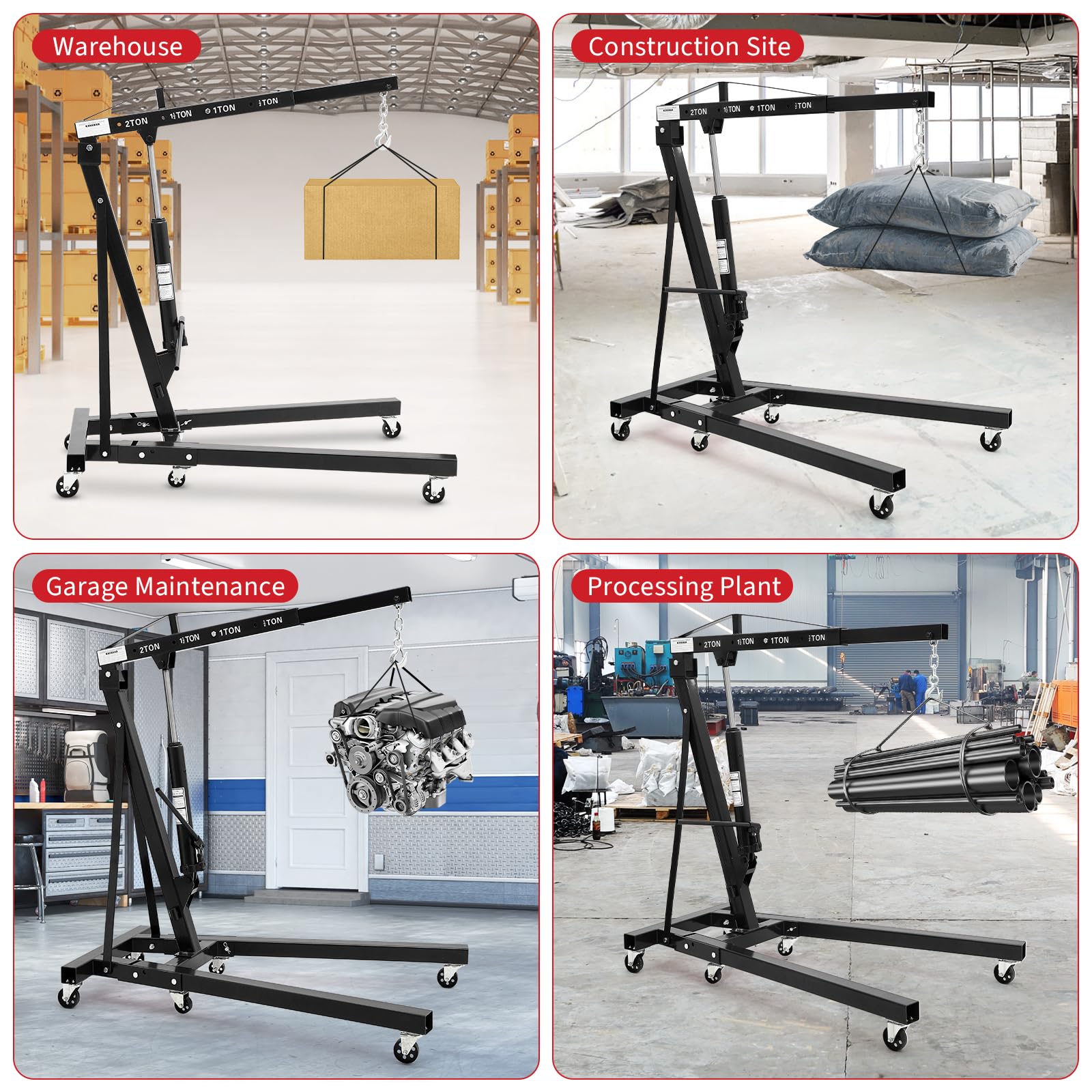 Garvee 2-Ton Folding Engine Hoist - 4400 lbs Capacity Cherry Picker Hydraulic Shop Crane with Telescoping Boom, 6 Caster Wheels, Hitch, and Storage Stand for Automotive Repair and Garage Use, Black