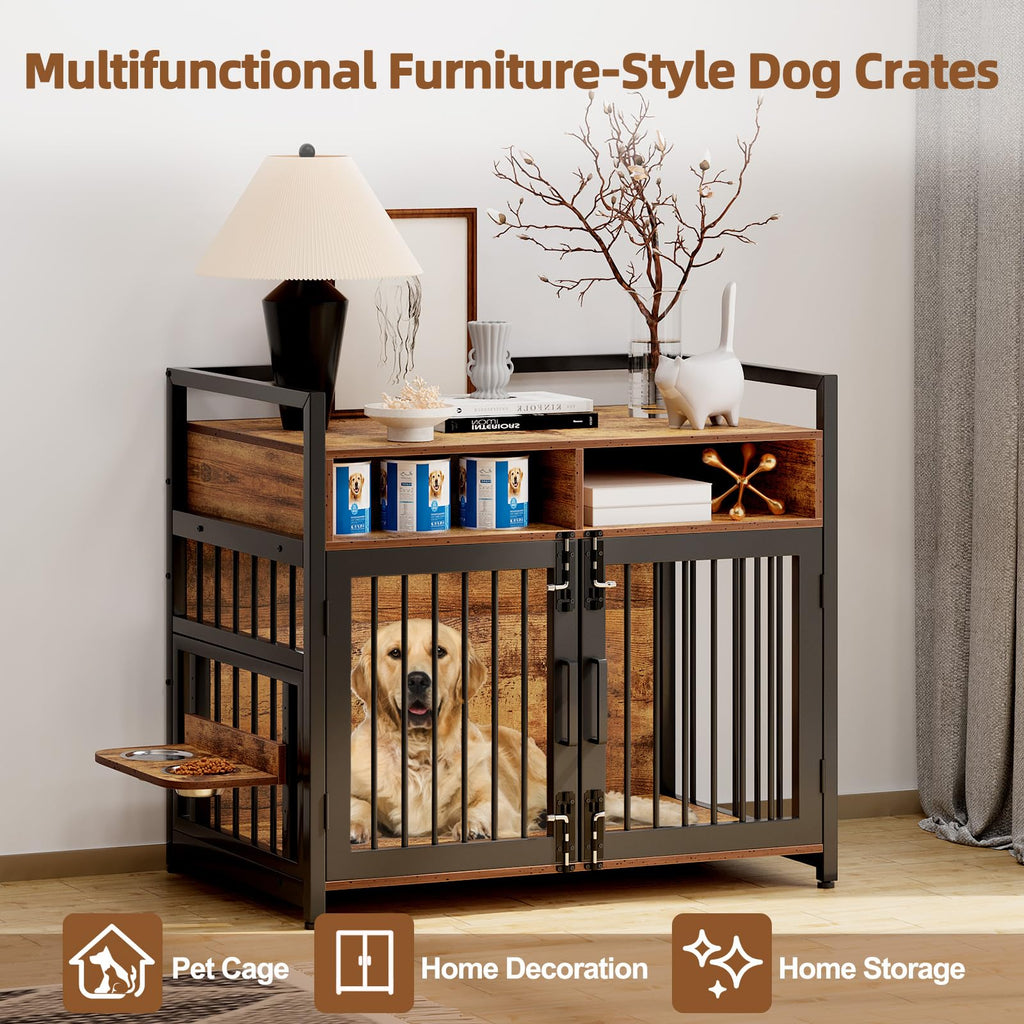 Garvee Dog Crate Furniture With 2 Drawers, Wooden Dog Kennel Indoor, Adjustable 360° Stainless Steel Feeder, Rustic Brown, Small Medium Dogs