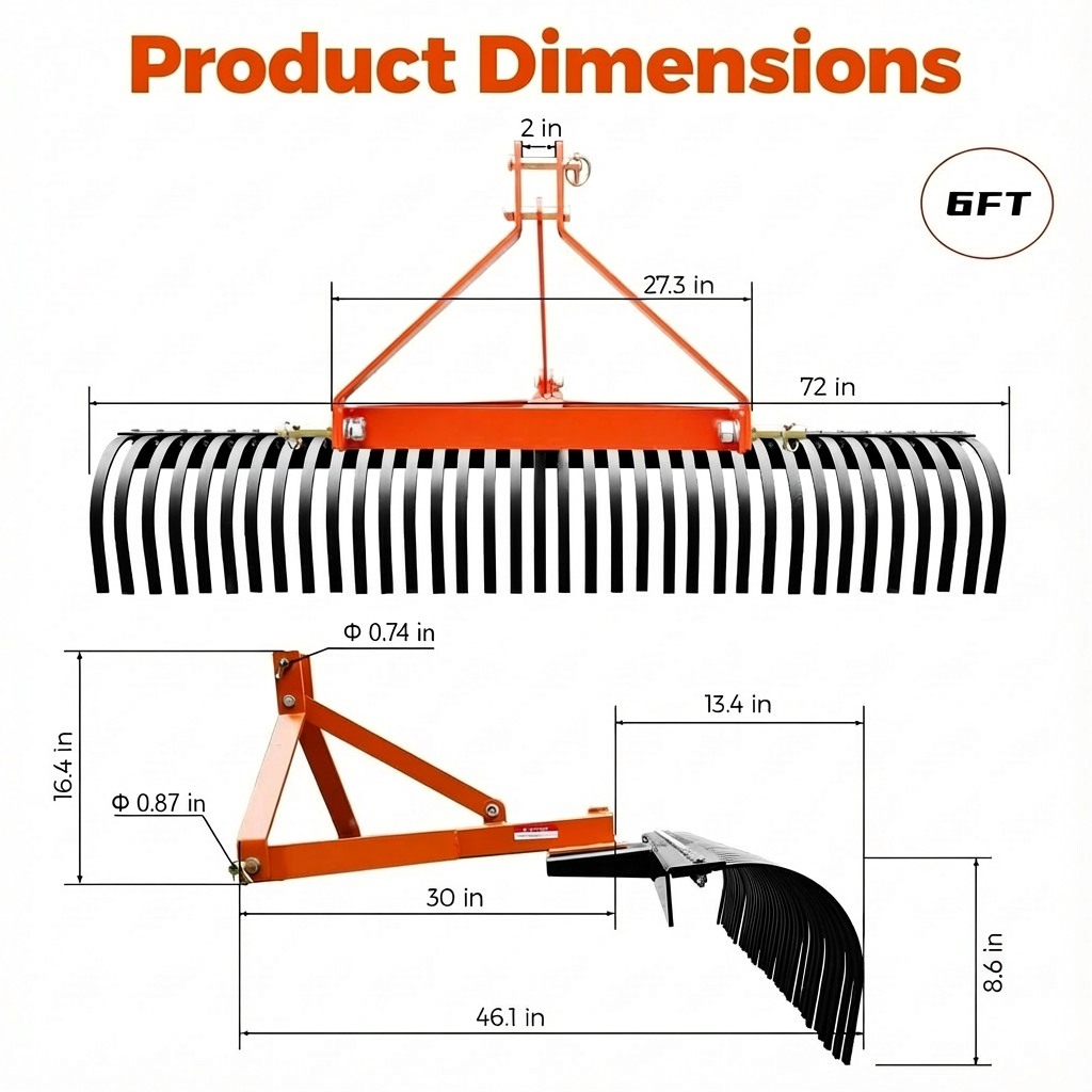 Garvee 6 FT Landscape Rake for Tractors with 36 Steel Tines, 3-Point Connector, Rust-Resistant Steel, Fits Cat 1/2, Yard & Farm Use