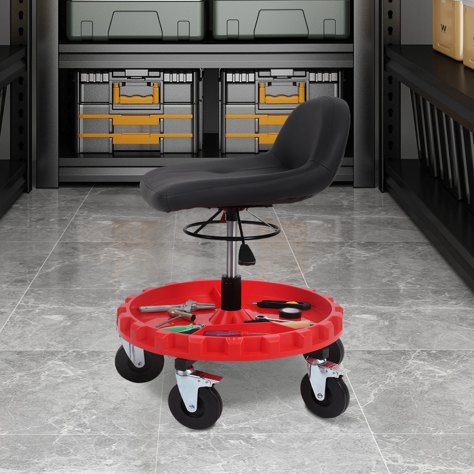 Garvee 300LBS Mobile Rolling Gear Seat With Spinning Gear Tray For Garage And Workshop, Adjustable Height, Black