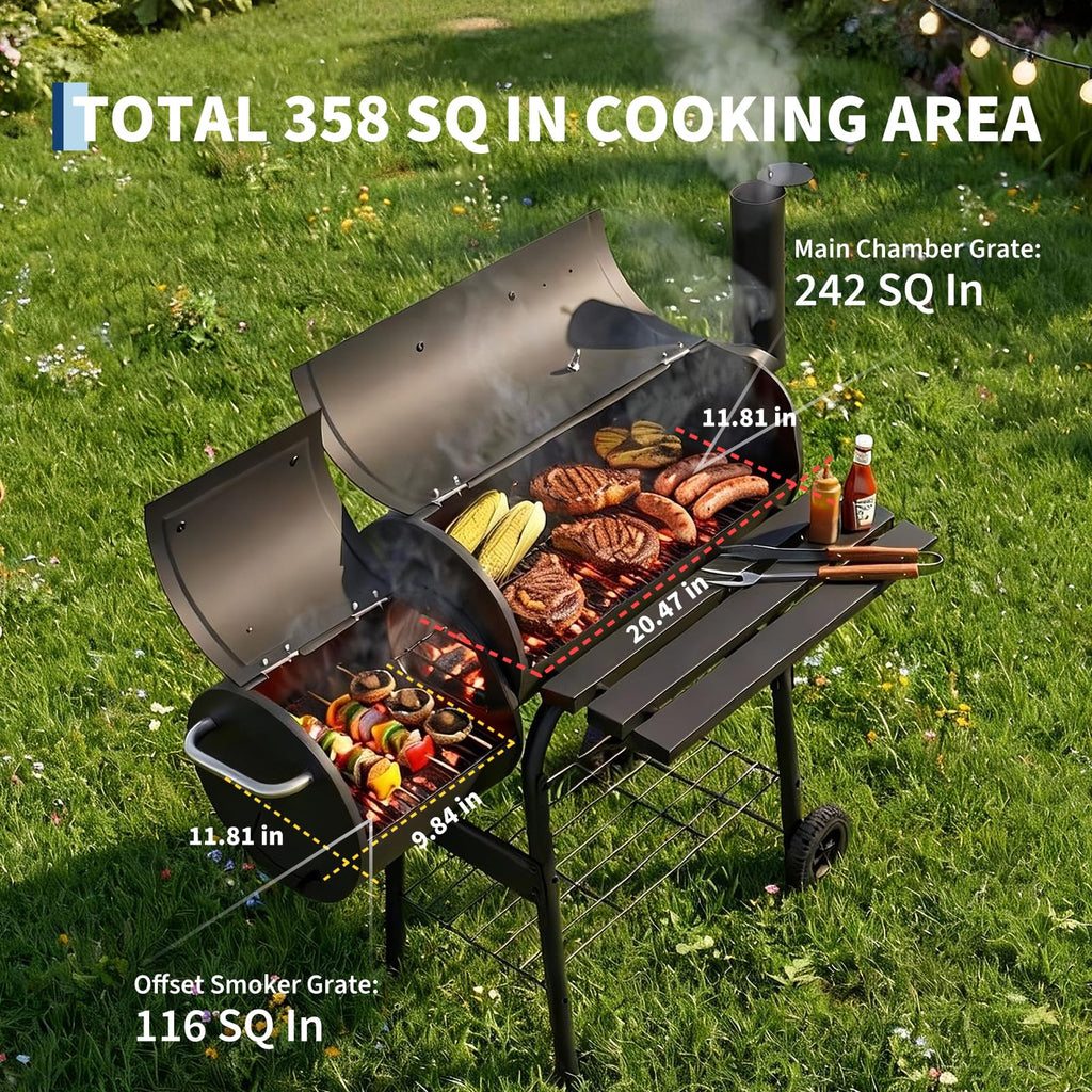 Garvee 43" Charcoal Grill with Offset Smoker - 358 SQ In Dual-Chamber BBQ Smoker Grill with Built-In Thermometer & Wheels, Matte Black
