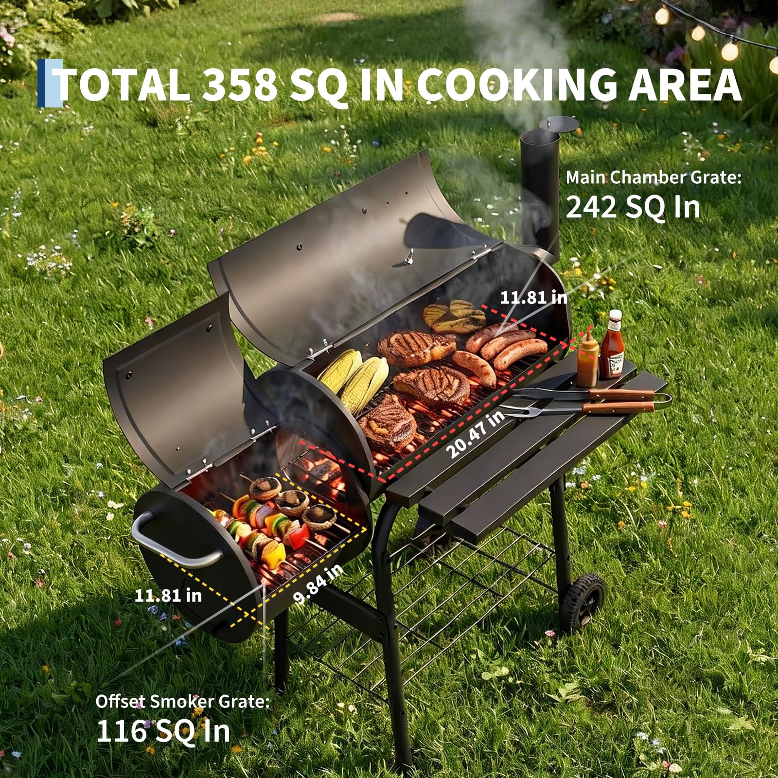 Garvee 43" Charcoal Grill with Offset Smoker - 358 SQ In Dual-Chamber BBQ Smoker Grill with Built-In Thermometer & Wheels, Matte Black