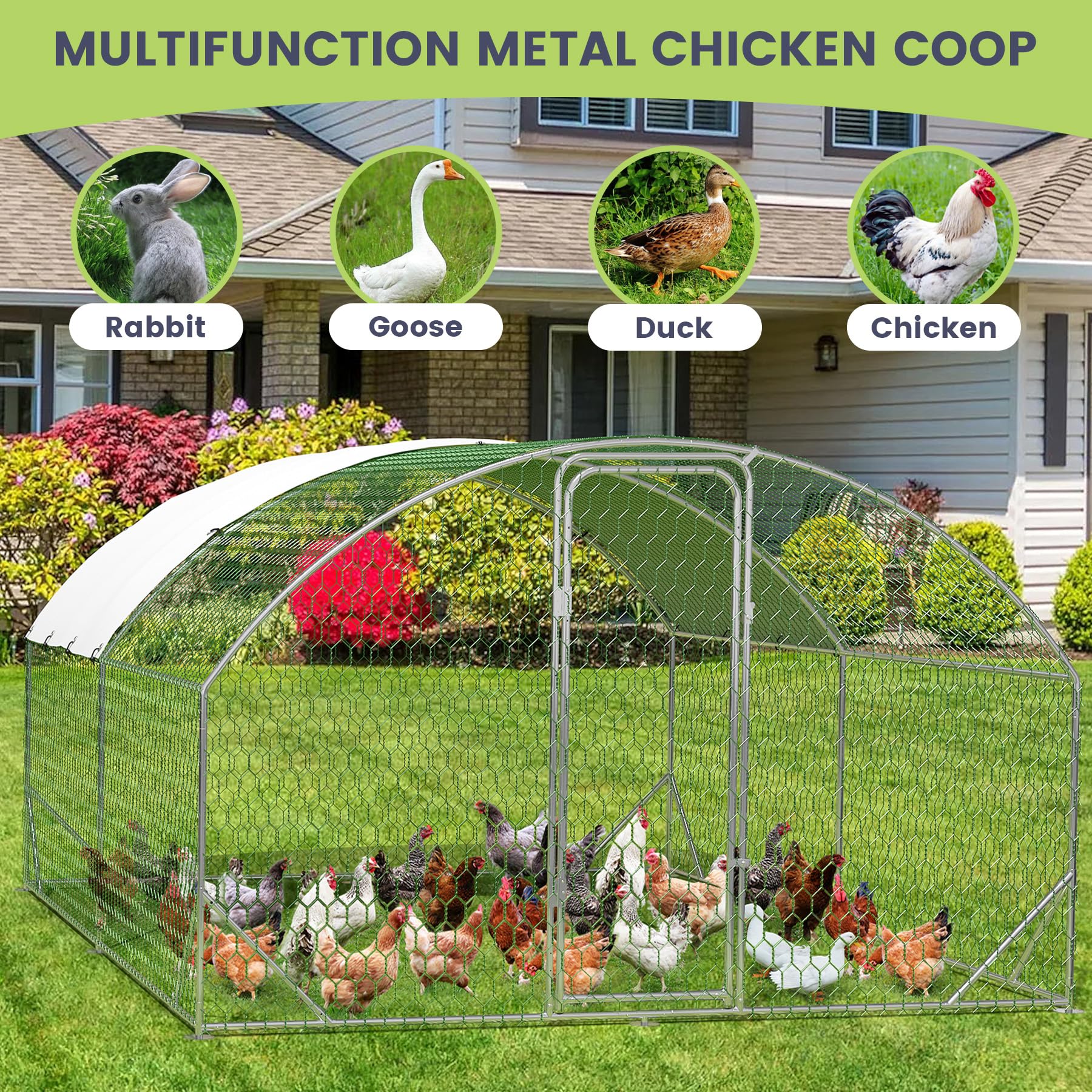 Garvee Large Metal Chicken Coop, Upgrade Tri-Supporting Metal Chicken Run, Large Chicken Pen with Waterproof and Anti-UV Cover, for Duck Rabbit House Outdoor (9.8' W x 13.1' L x 6.5' H)