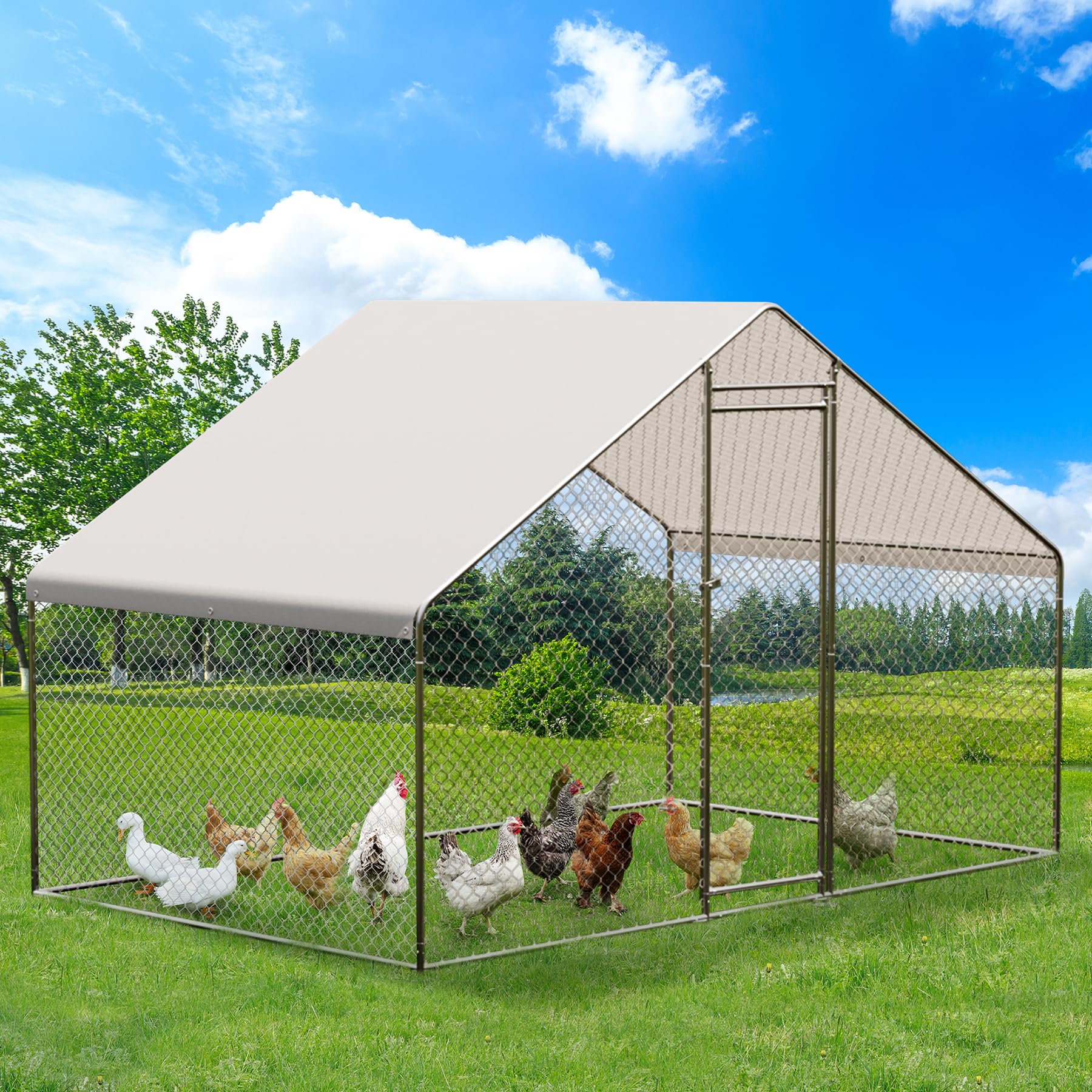 Garvee Large Metal Chicken Coop, Walk-in Poultry Cage, Large Outdoor Chicken Coop with Waterproof Cover for Outdoor Yard Farm Use (9.8x6.5x6.5FT)