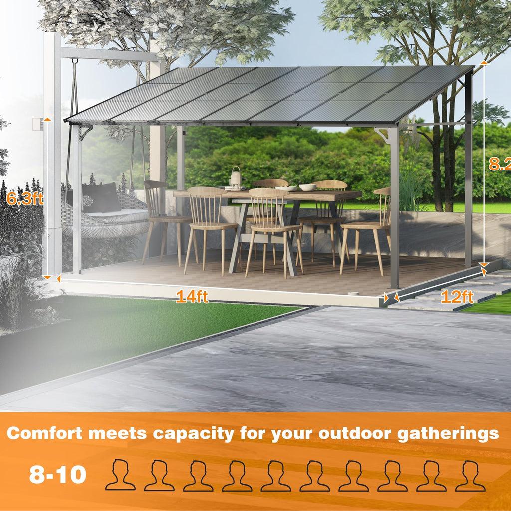 Garvee 12'x14' Lean To Gazebo Hardtop Wall Pergola with Polycarbonate Roof for Lawn Patio Deck and Party Space Efficient Aluminum Frame Grey