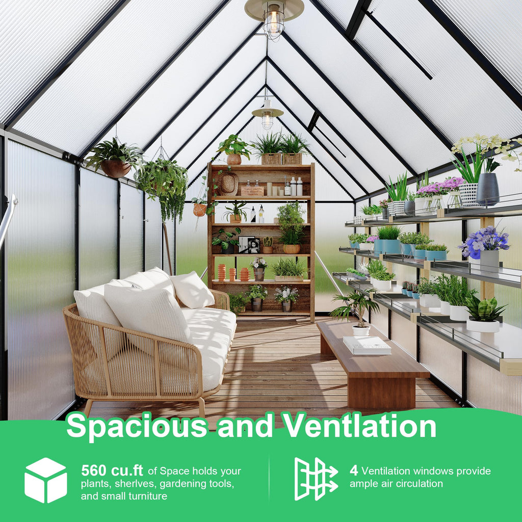 Garvee 6'x11' Aluminum-Framed Polycarbonate Greenhouse, Heavy Duty Polycarbonate Greenhouse With Quick Setup Structure and Roof Vent, Large Enhanced Aluminum GreenhouseKit for Outdoors