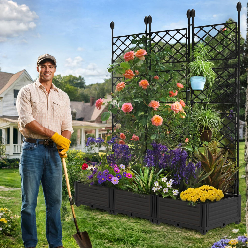 Garvee 3-Pack PP Planter Boxes with Trellis, 48.8" x 16.2" X 63" Modular Red & Privacy Screen, Black