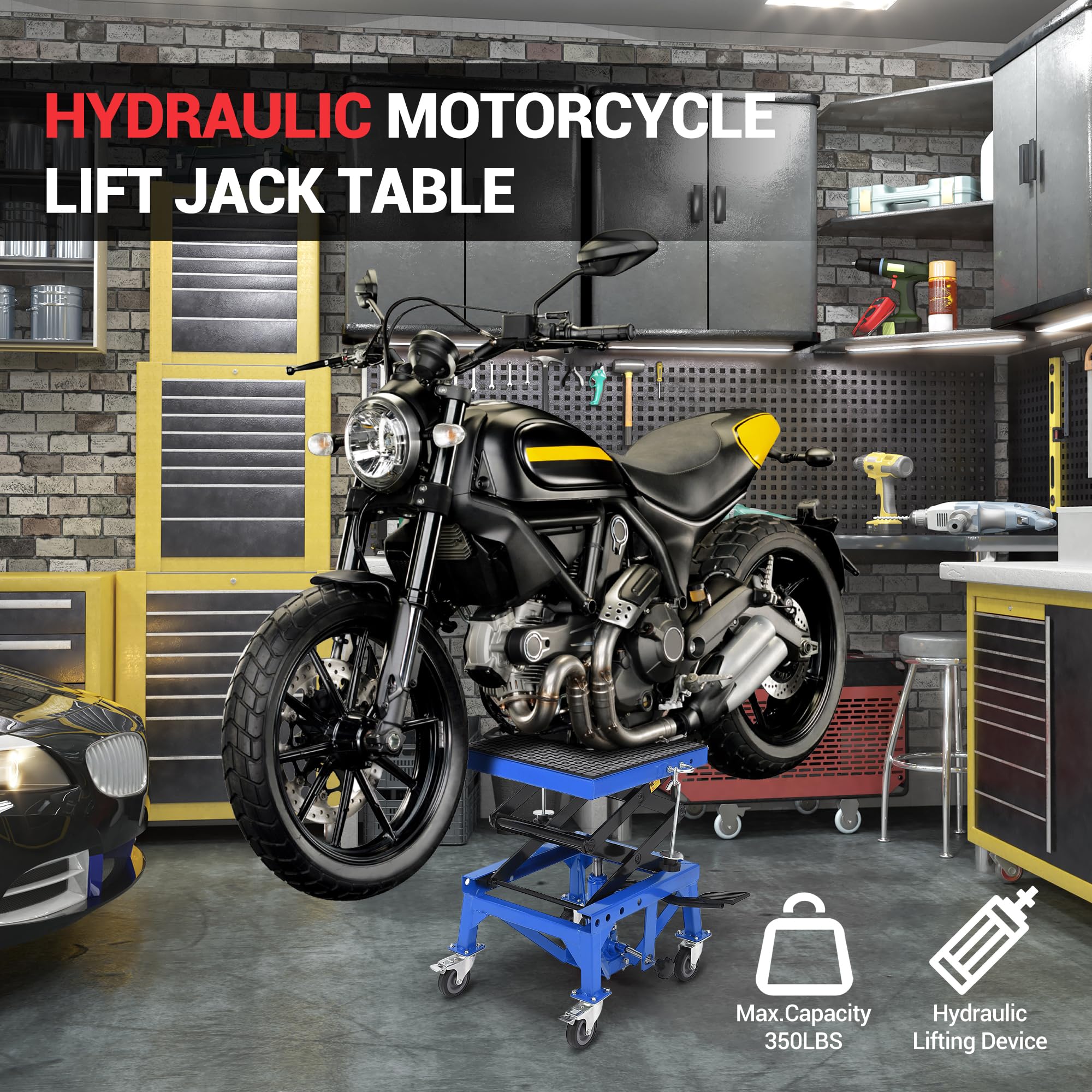 Garvee 350 lbs Hydraulic Motorcycle Lift Jack Table - Foot-Operated Scissor Lift with Anti-Slip Platform, Drainage Rubber Mat, and J-Hooks for Motorcycle, ATV, and Dirt Bike Maintenance, Blue
