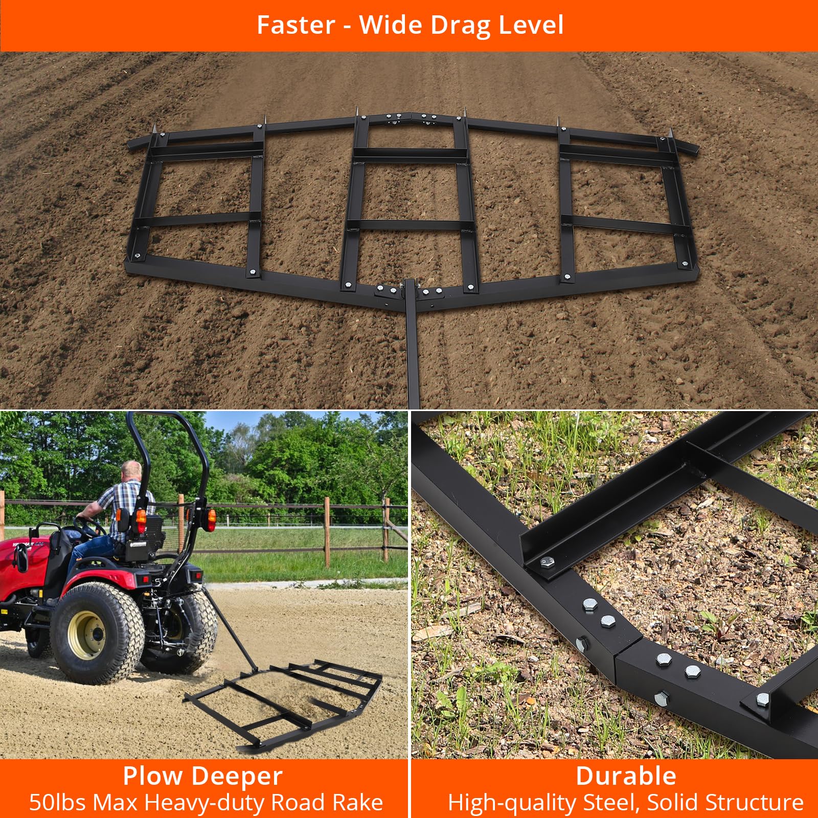 Garvee Driveway Drag 84" Width, Tow Behind Drag Harrow 35" Length, Driveway Tractor Harrow with Pin-Style Hitch, Heavy Duty Steel Driveway Grader for ATV, UTV, Garden Lawn Tractors - 84"with Connecting rod