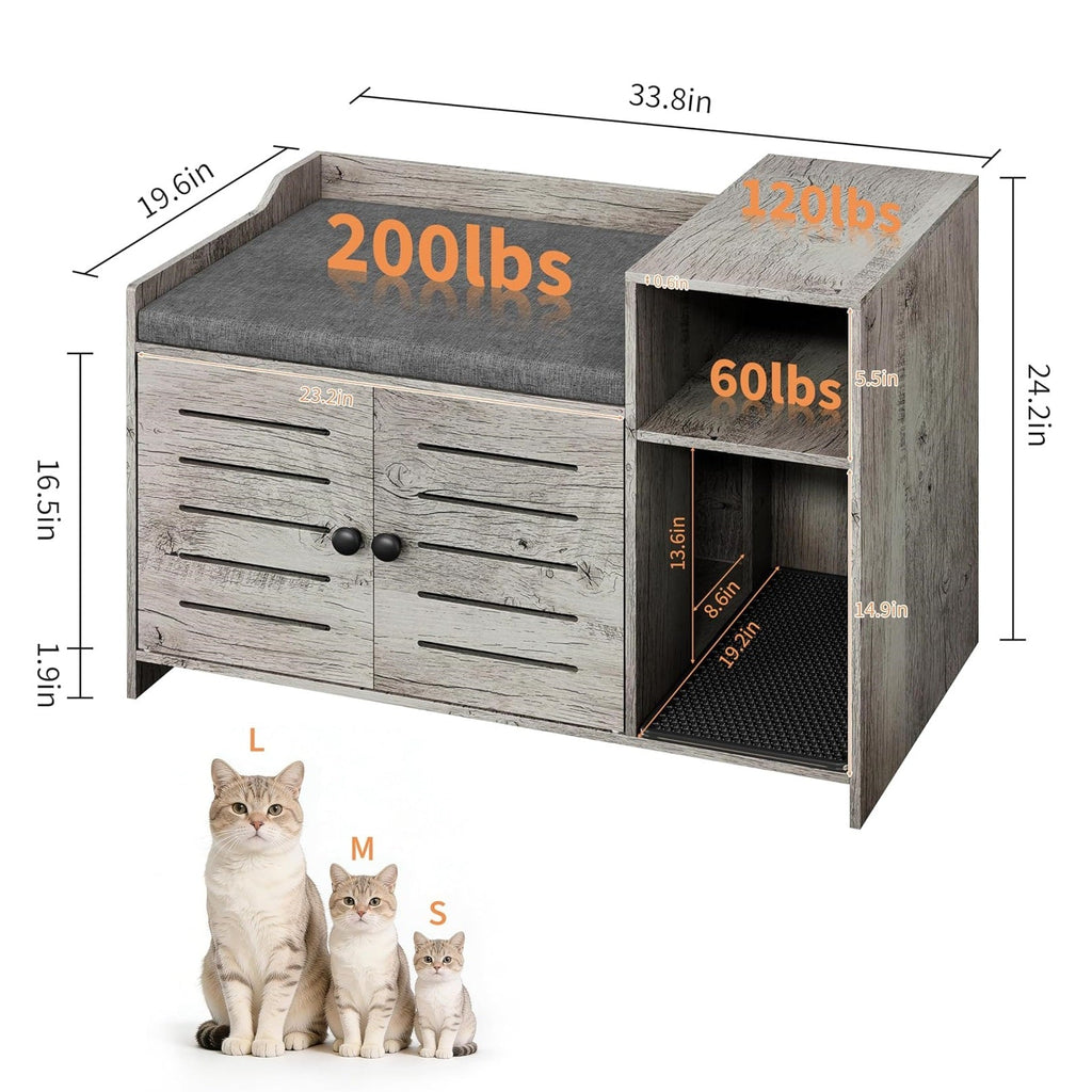 Garvee Cat Litter Box Enclosure, Hidden Litter Box Furniture with Litter Mat & Storage Shelf, Farmhouse Indoor Cat House Cabinet for Hallway, Bedroom, Gray