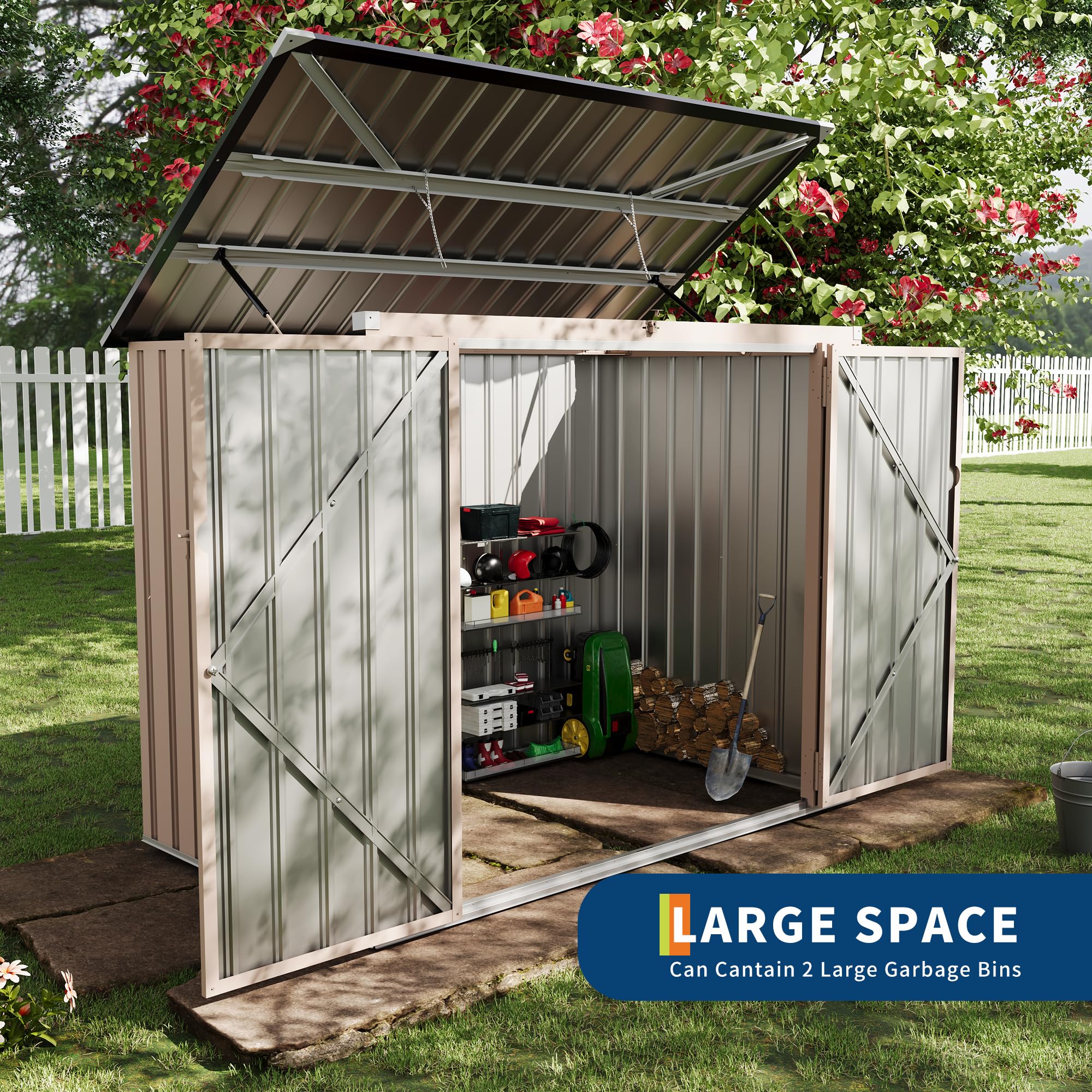 Garvee 3x6ft Metal Outdoor Storage Shed for 2 Trash Cans, Garbage Bin Shed with Chain Lid, Durable Garden, Backyard & Patio Storage