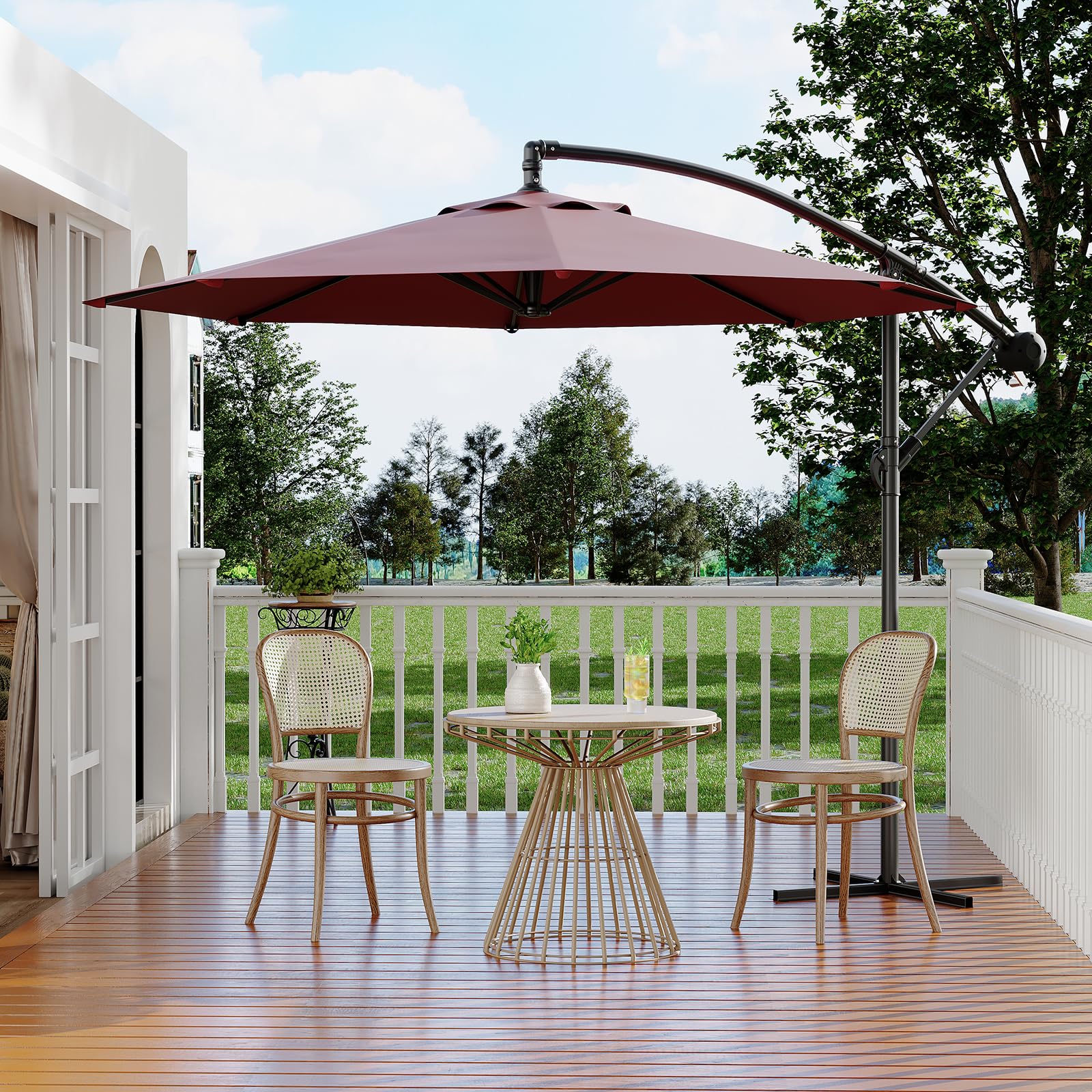 Garvee 10' Offset Patio Umbrella, Cantilever Umbrella with Easy Lift & Tilt Adjustment, 8 Ribs Sun Umbrella UV Protection, Wine Red