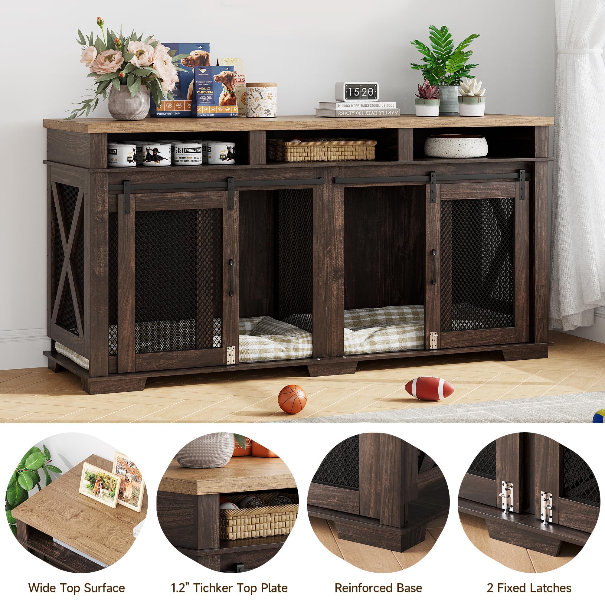Garvee Dog Crate Furniture, 71" Heavy Duty Dog Kennel Furniture with 3 Storages and Removable Divider, Furniture Style Double Dog Crate Table Indoor TV Stand for Large Medium Dogs, Dark Walnut