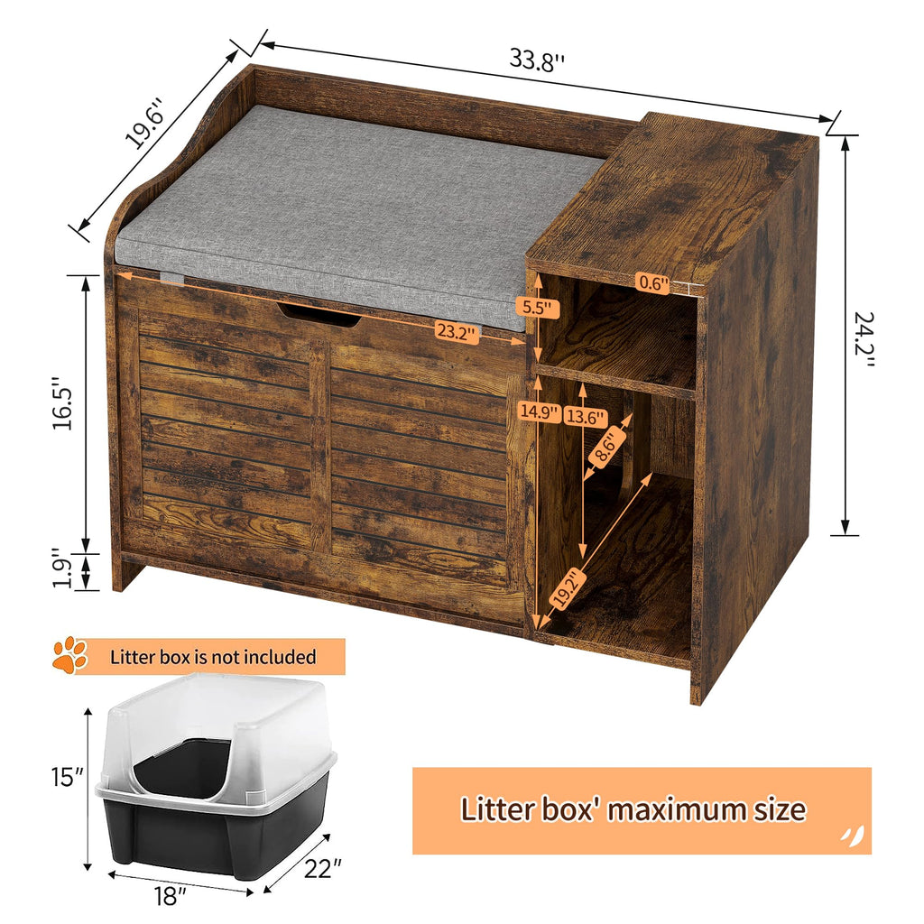 Garvee Cat Litter Box Enclosure with Cushion, Hidden Cat Litter Box Furniture, Cat Litter Box Furniture with Top Opening, Flip Top Litter Box Enclosure, Cat House, Brown