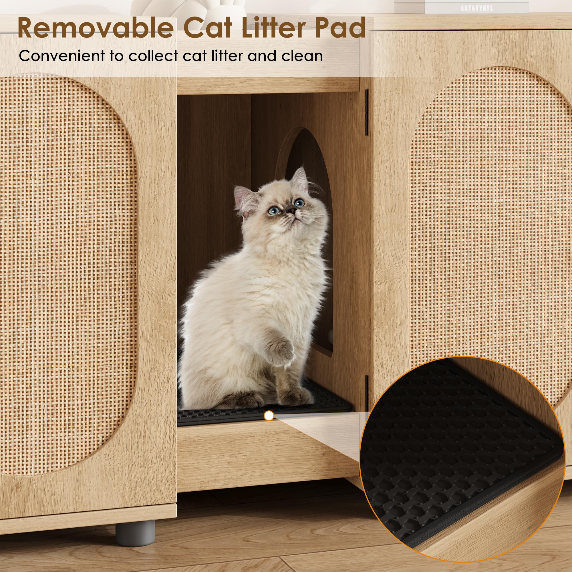 Garvee Cat Litter Box Enclosure 55.1" Double Litter Box Furniture Large Cat Box Enclosure Kitty Litter Box for 2 Cats Hidden Cat Litter Cabinet Double Cage with Cat Litter pad Rattan Door