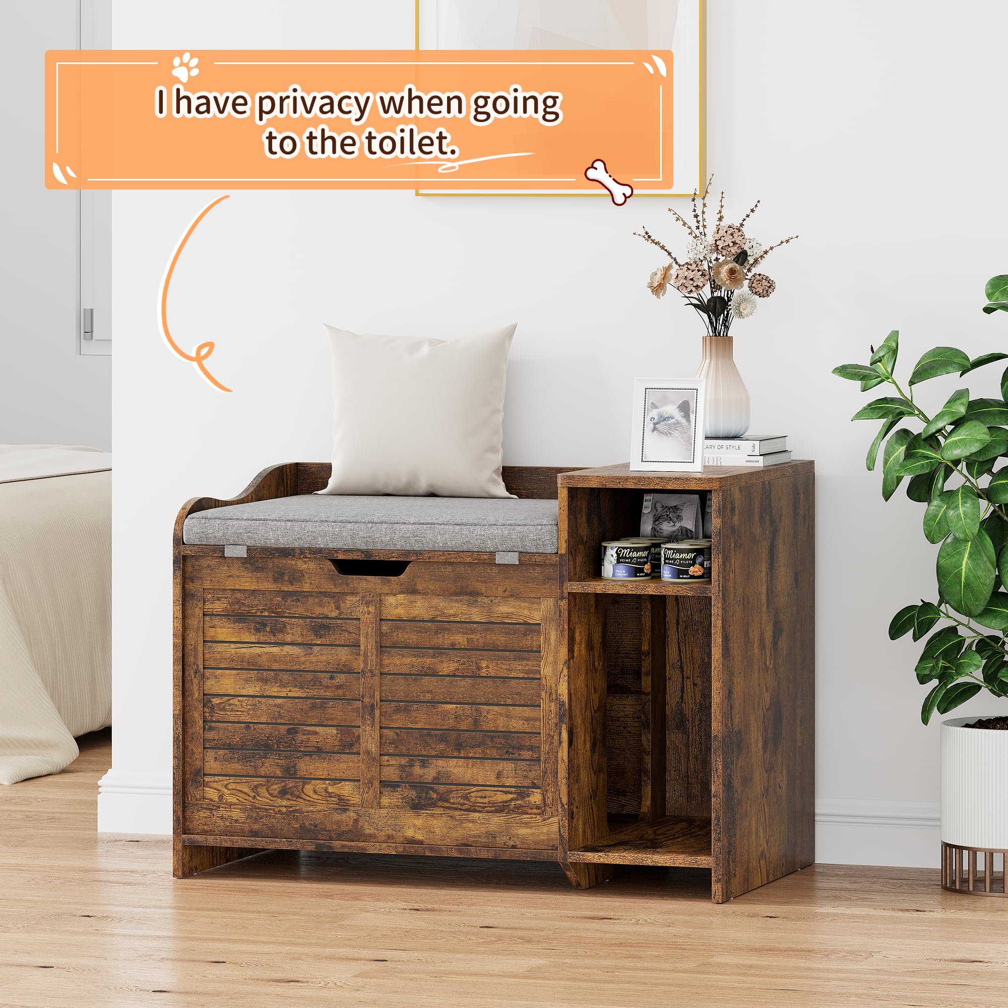 Garvee Cat Litter Box Enclosure with Cushion, Hidden Cat Litter Box Furniture, Cat Litter Box Furniture with Top Opening, Flip Top Litter Box Enclosure, Cat House, Brown