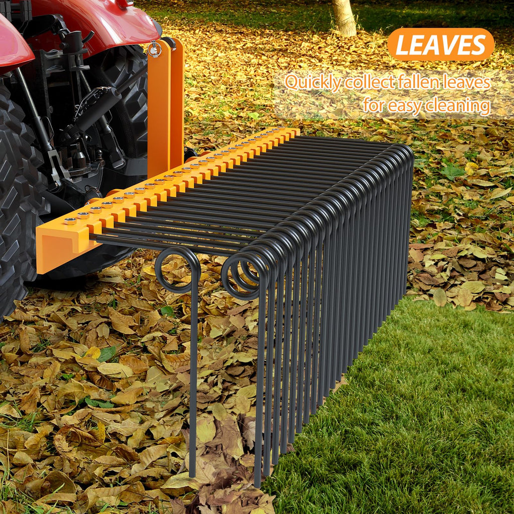 Garvee 60 Inches Pine Straw Needle Rake, 8mm 26pcs Coil Spring Tines, Durable Powder Coated 3 Point Straw Rake,Steel Spring Landscape Rake Fit for Cat1 Tractors - Orange+Black