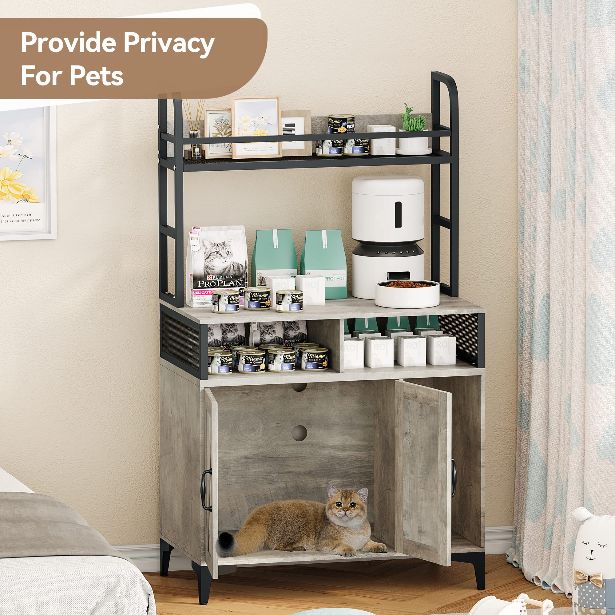Garvee Hidden Cat Litter Box Enclosure Furniture with Shelf Storage,Litter Box Furniture,Sturdy Cat Washroom,Indoor Wooden Cat House Storage, Grey