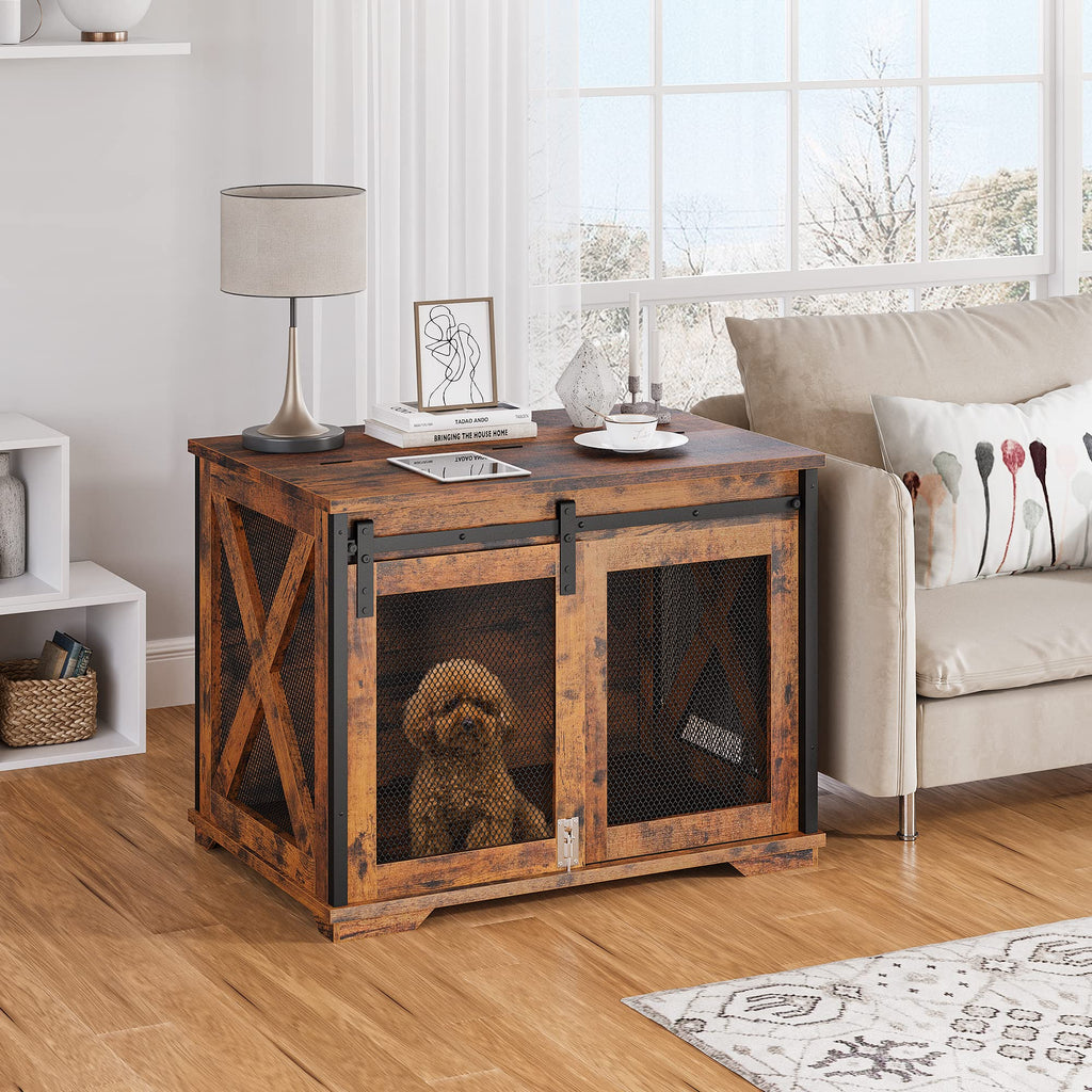 Garvee 37'' Dog Crate Furniture Side End Table with Flip Top and Movable Divider, Wooden Dog Crate Table Large, Style Dog Kennel Side End Table - Rustic Brown
