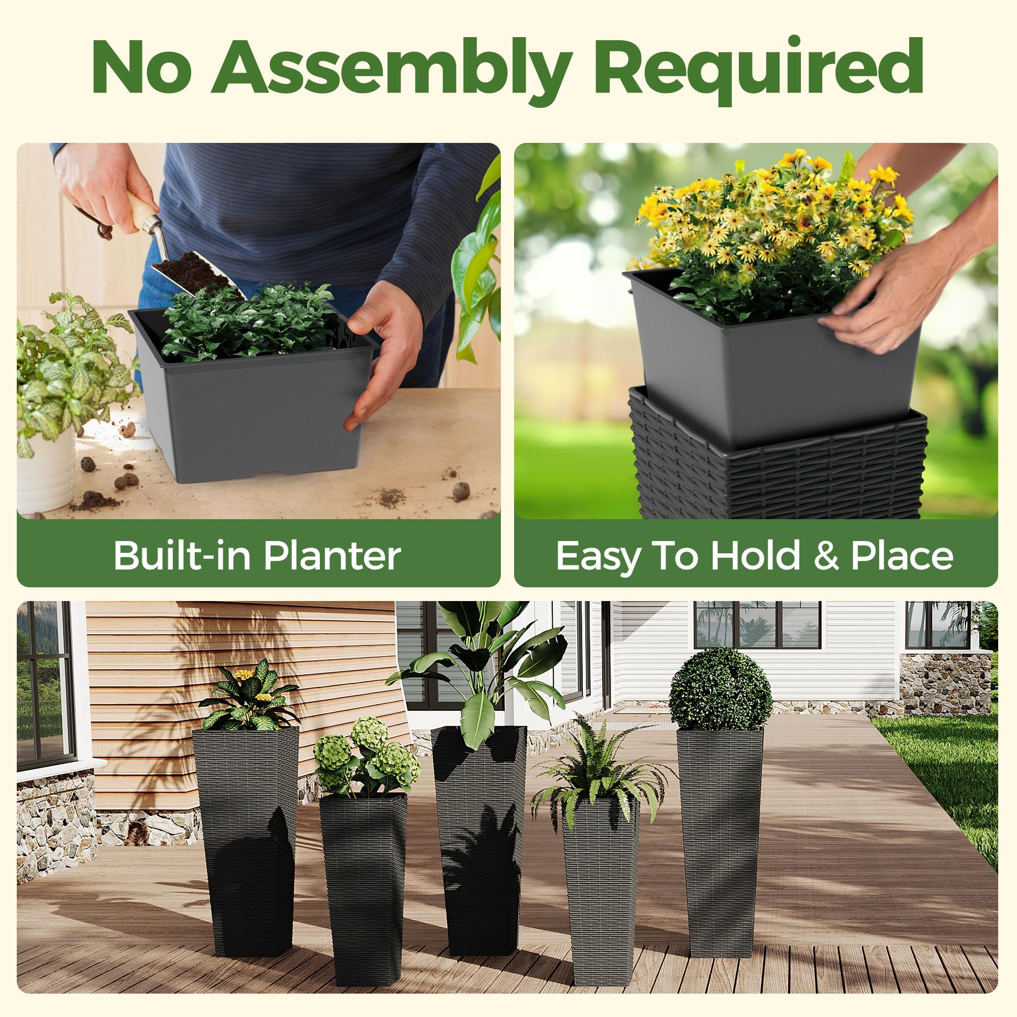 Garvee 2 Pack Large Planters for Indoor Plants, Outdoor Tall Planter with Drainage Holes, Plant Pots for Trees Flowers, All-Weather Use with Removable Insert Bucket (24inch, 32 inch, Black)