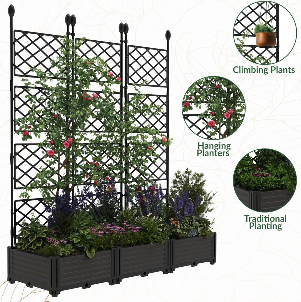 Garvee 3-Pack PP Planter Boxes with Trellis, 48.8" x 16.2" X 63" Modular Red & Privacy Screen, Black
