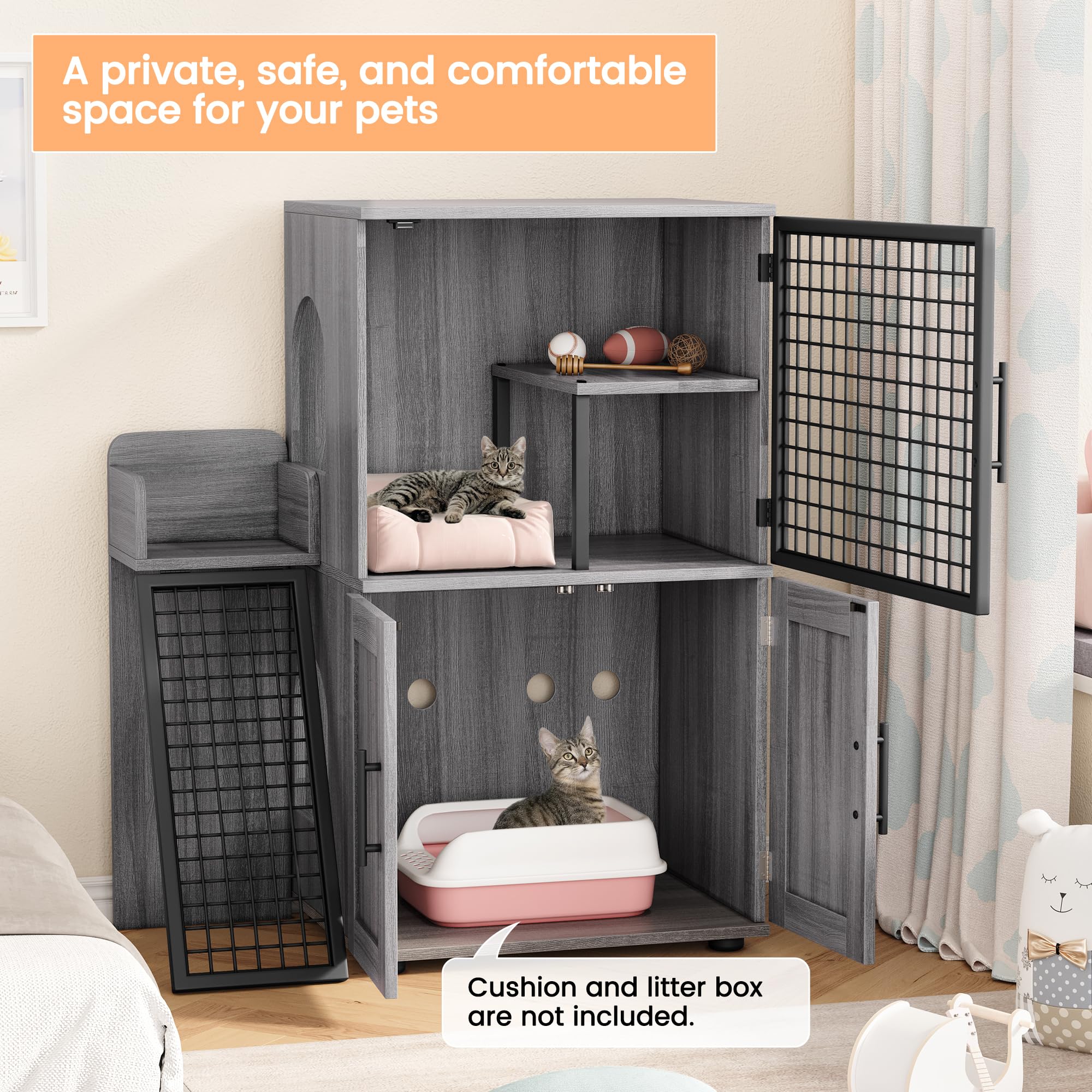 Garvee Modern Villa Cat Litter Box Enclosure + Hidden Furniture + Double Layer + MDF & Iron + Ladder & Ventilation + Indoor Use