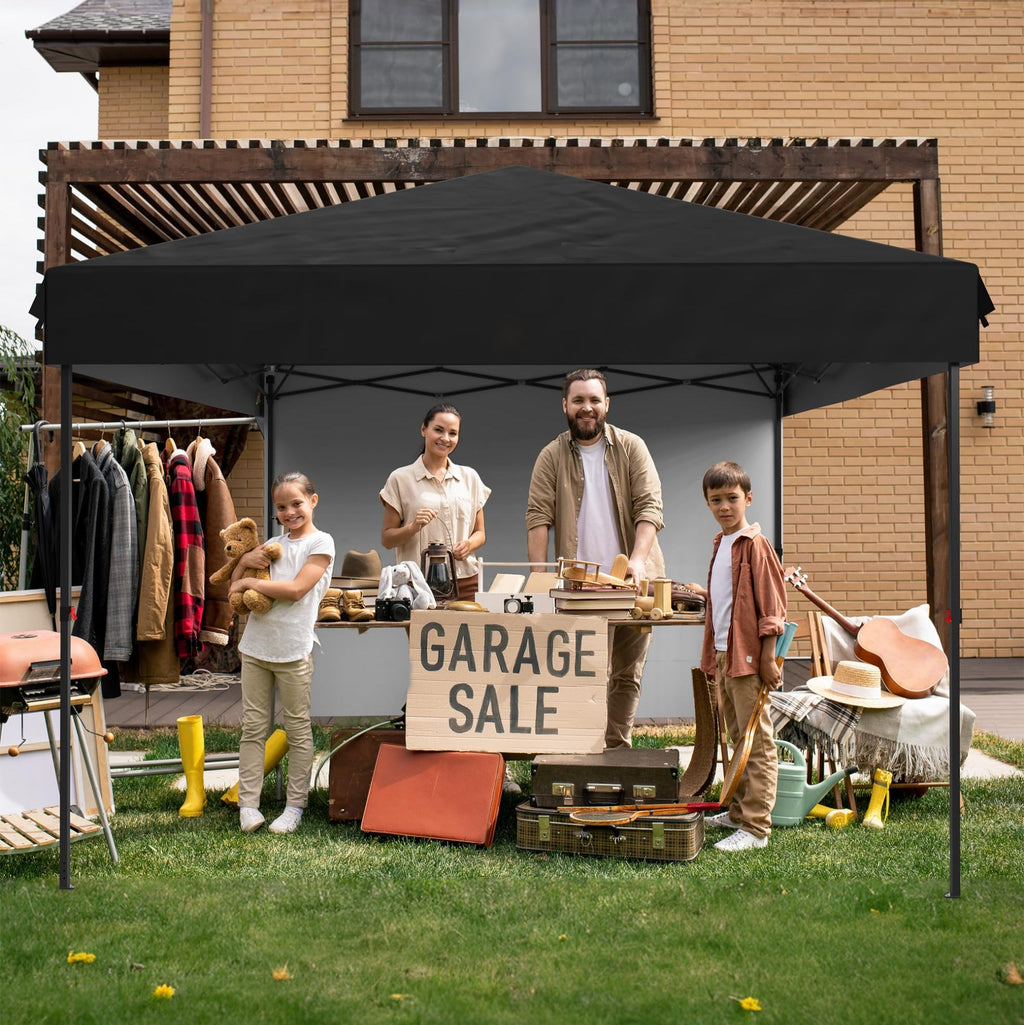 Garvee 10'x10' Pop-Up Canopy Tent - Portable Instant Gazebo with 1 Removable Sidewall, 4 Stakes & Ropes for Outdoor Events, Patio, Party, Camping, Black